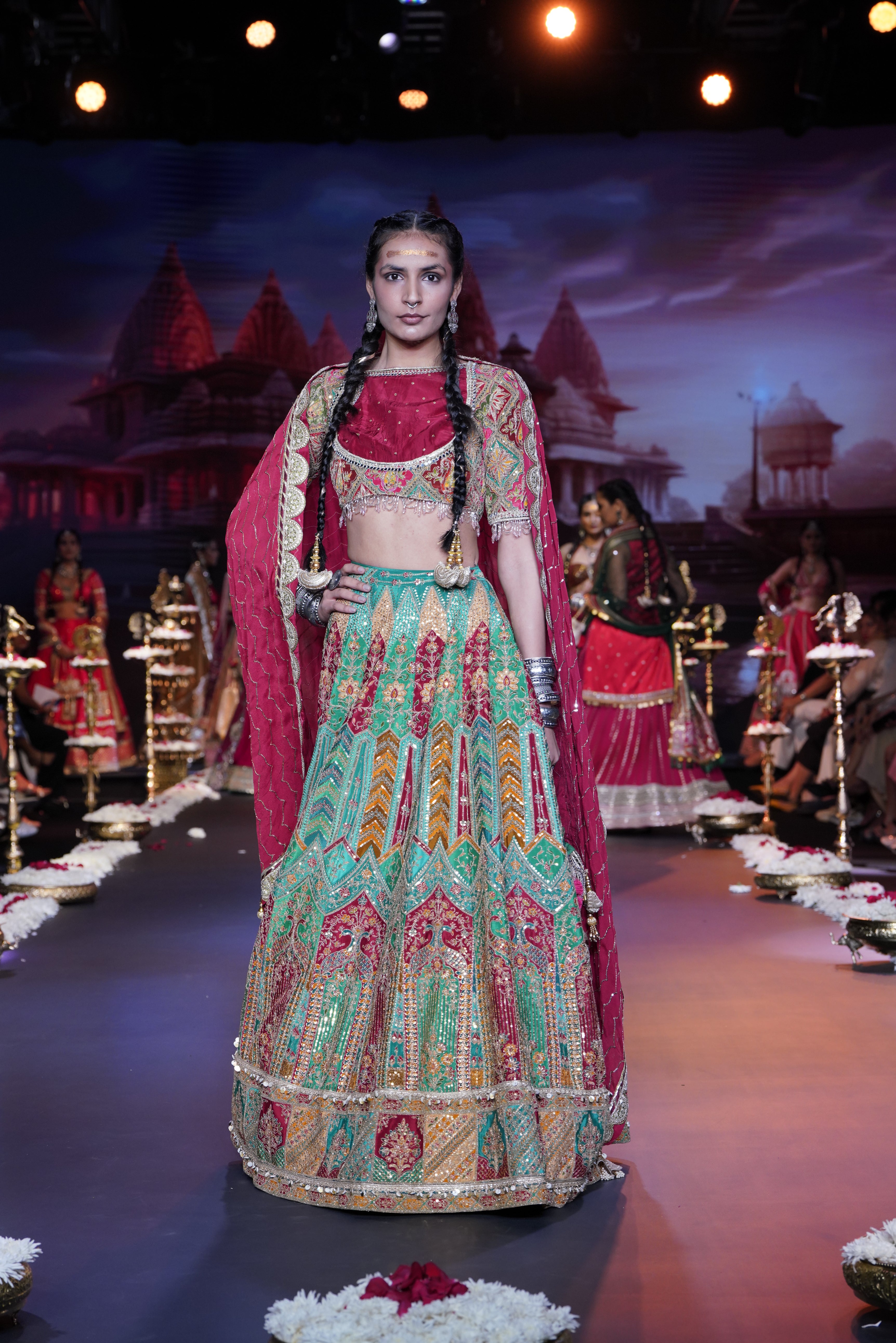Red- Multi color raw silk embroidered lehenga set