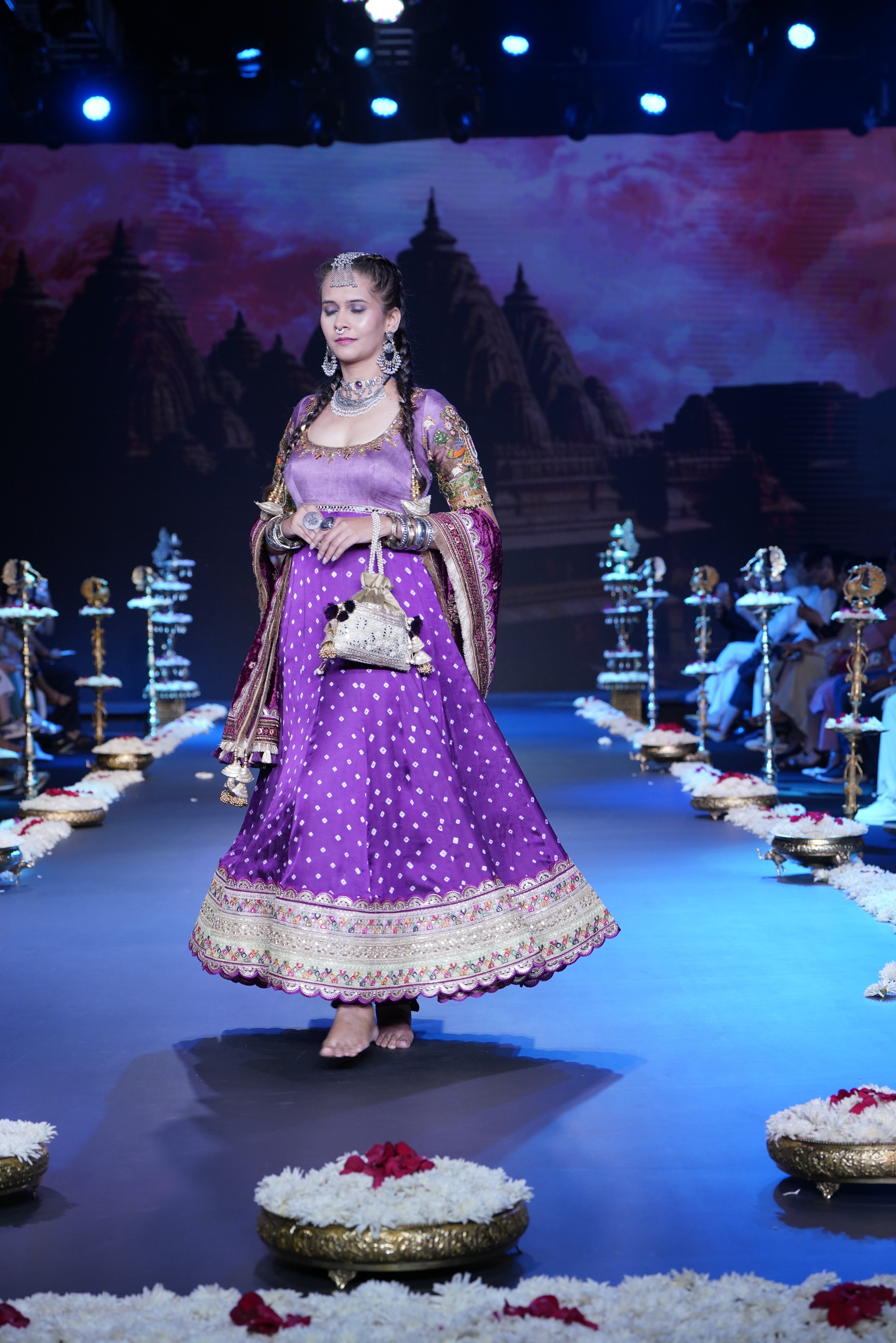 Bandhani Anarkali set with srinathji print on sleeves