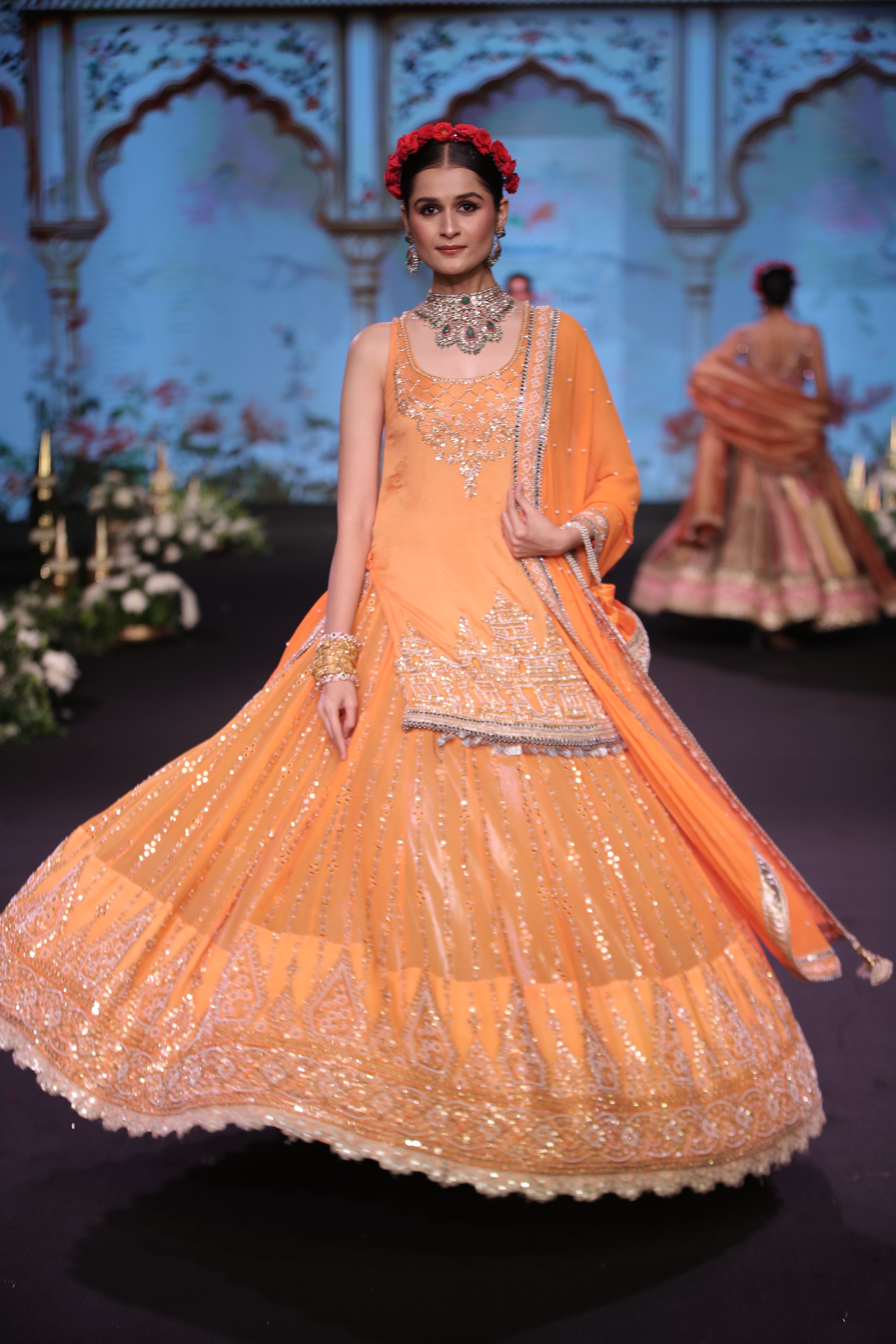 Orange ram mandir inspired embroidered lehenga set