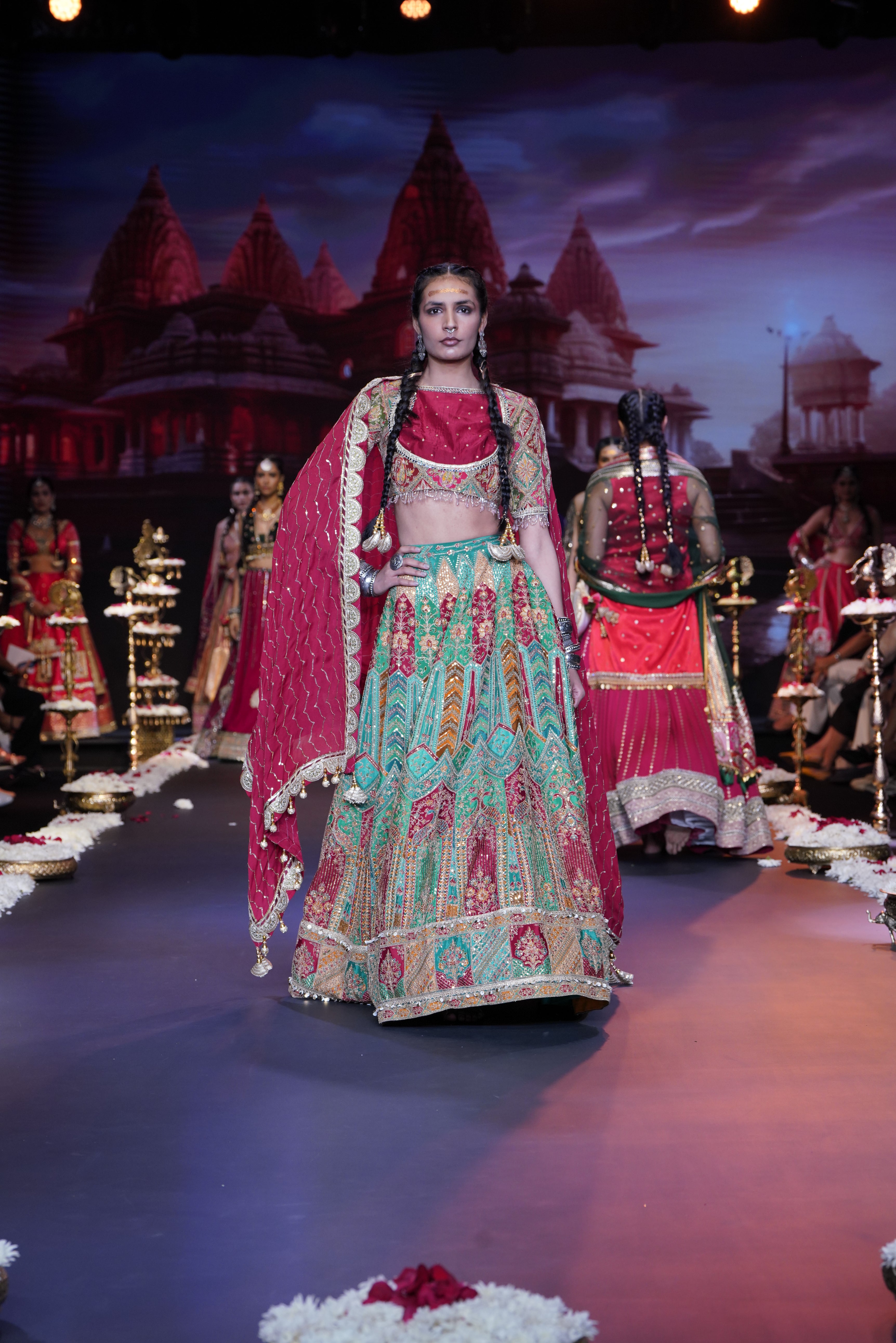Red- Multi color raw silk embroidered lehenga set