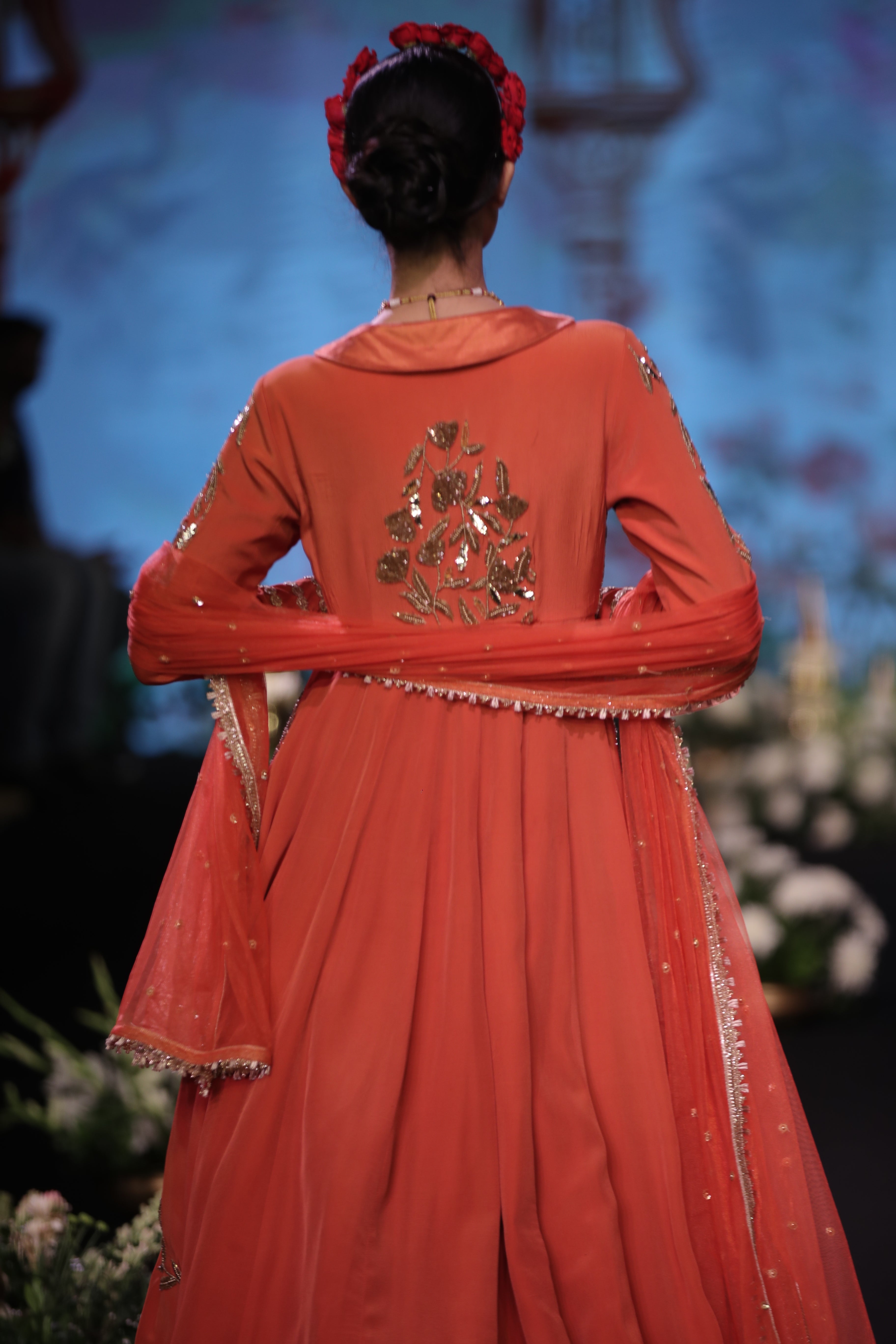Orange kurta jacket and multi color embroidered lehenga set