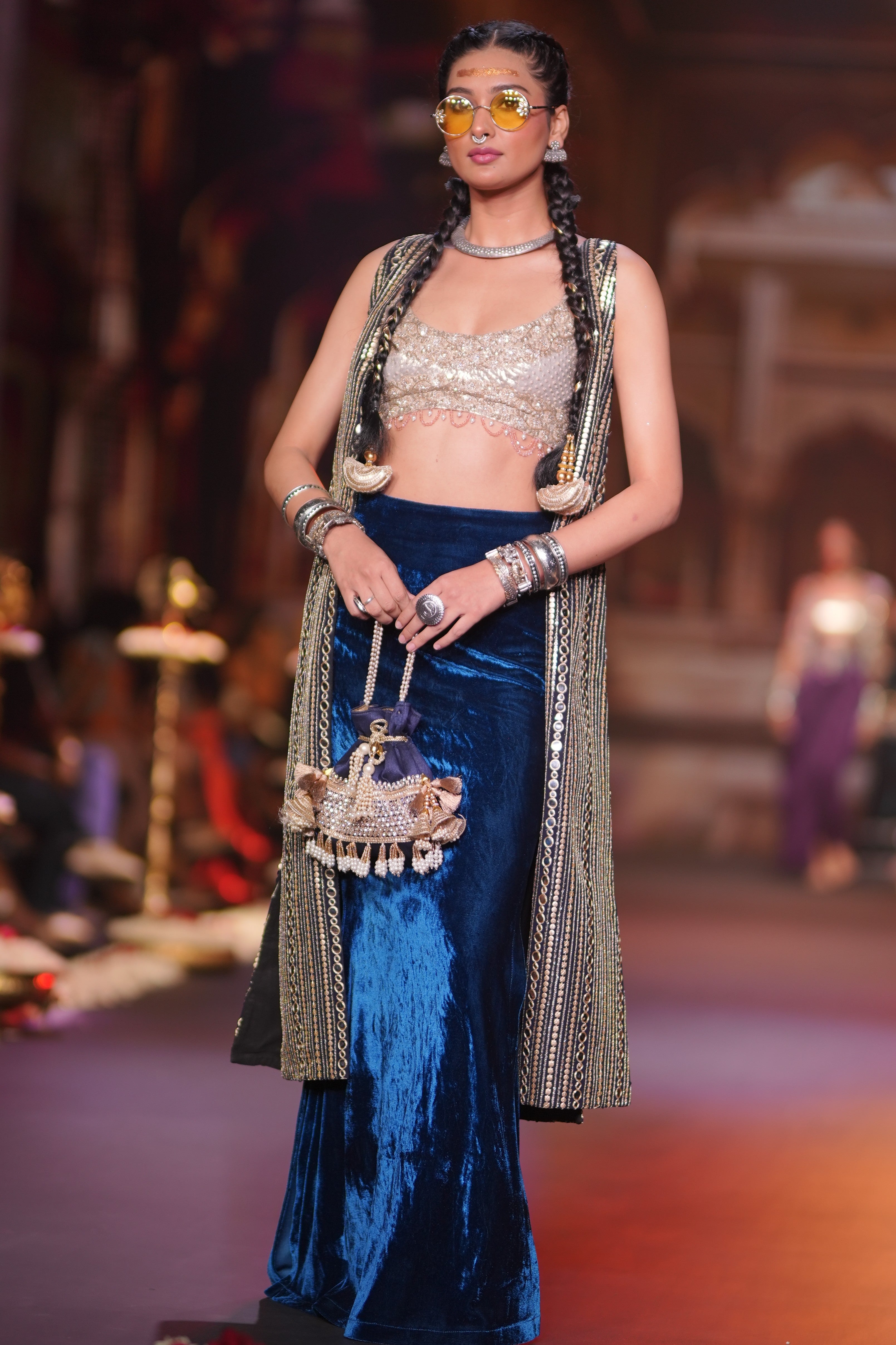 Purple embroidered with Srinathji print three- piece set