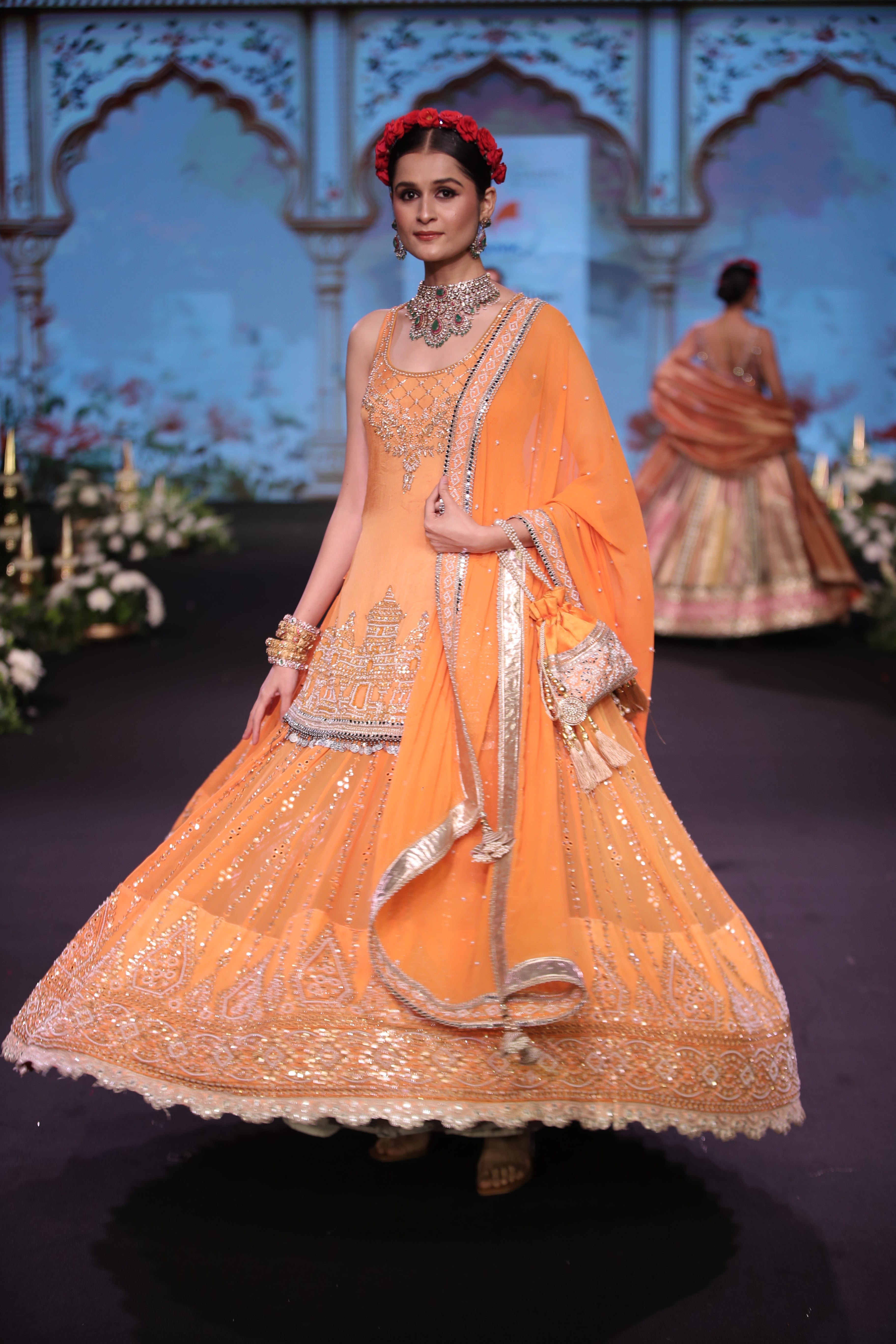 Orange ram mandir inspired embroidered lehenga set