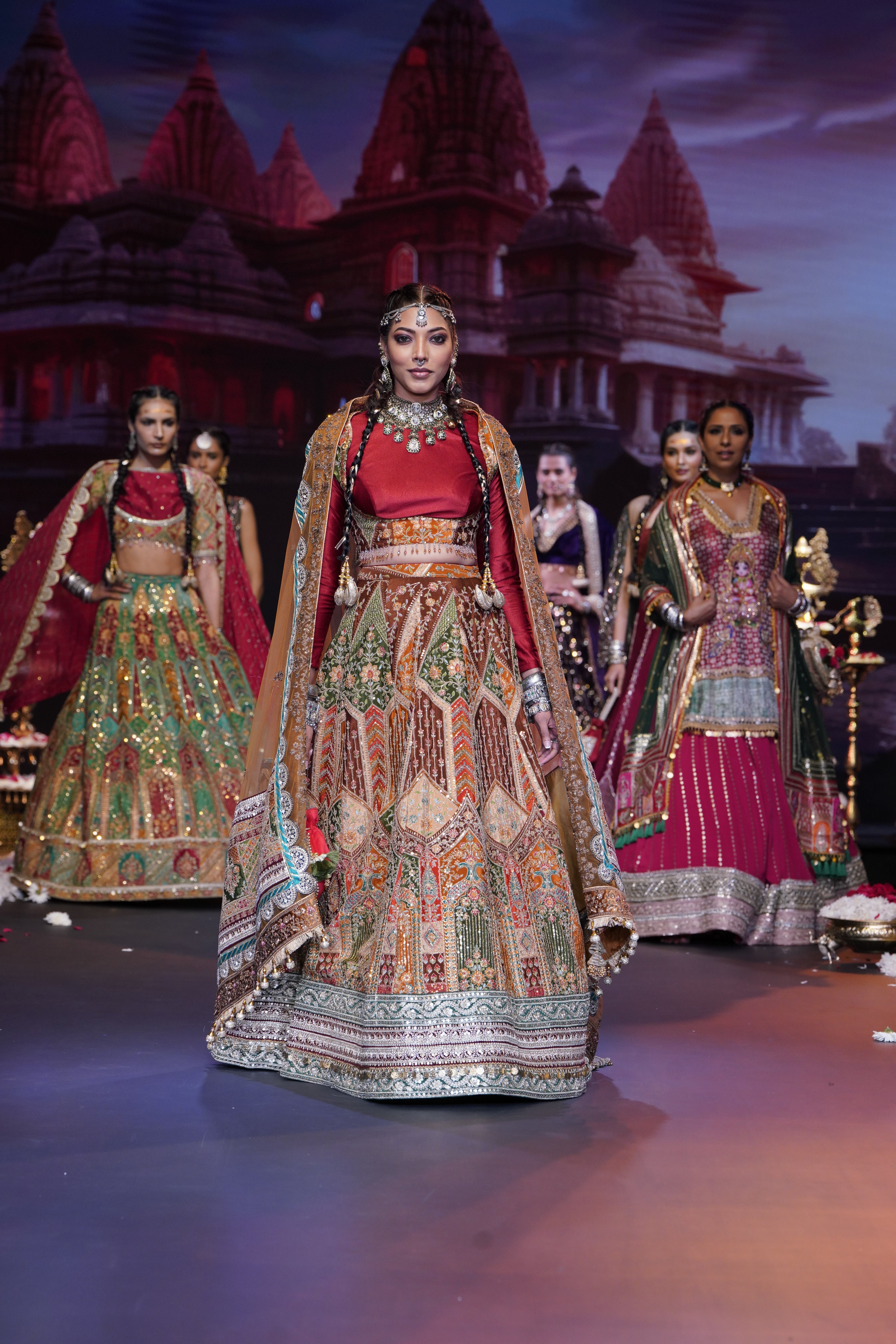 Dual tone red and multi color embroidered lehenga set