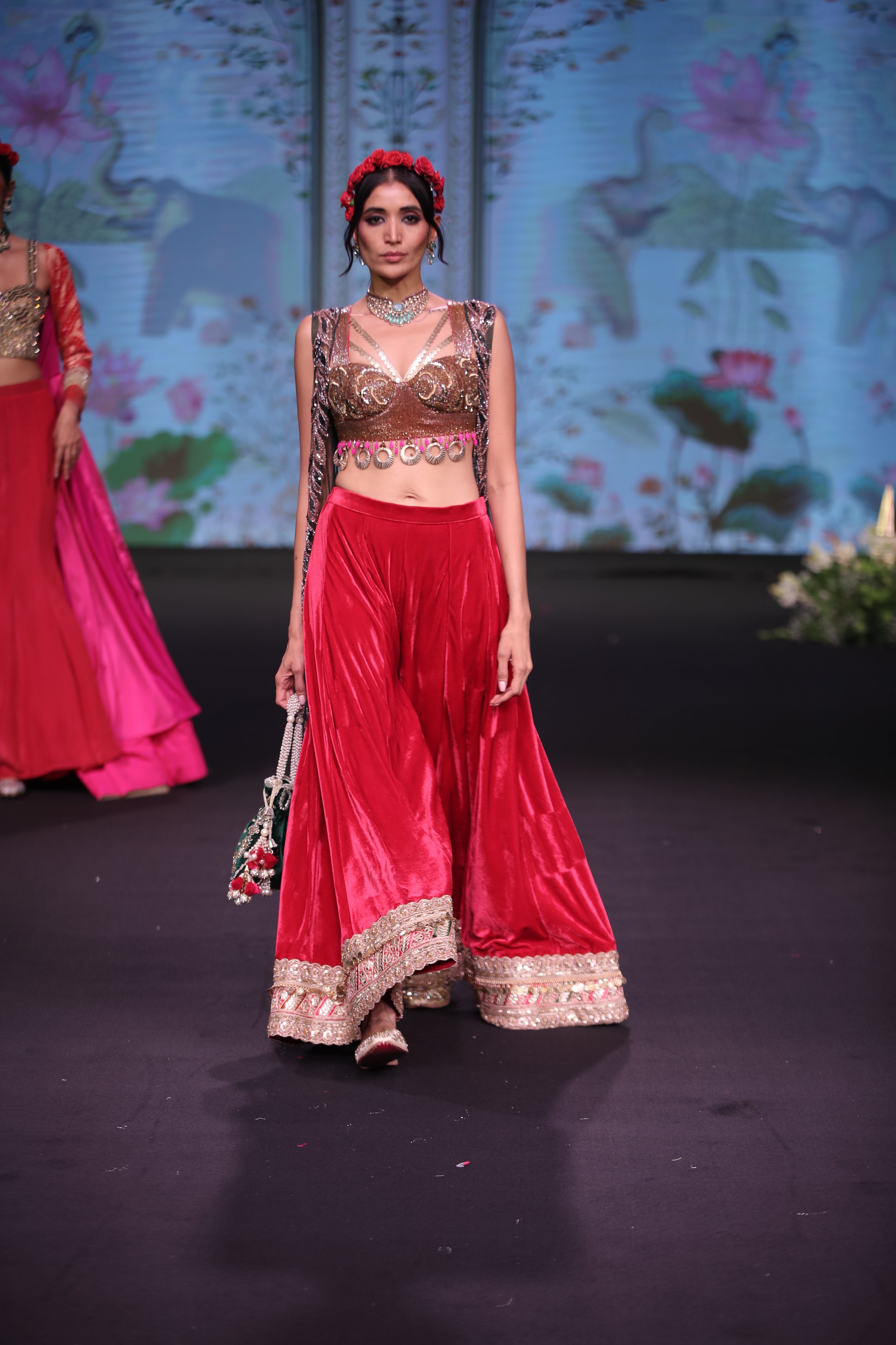 Red palazzo set and cape with jaganath embroidered print