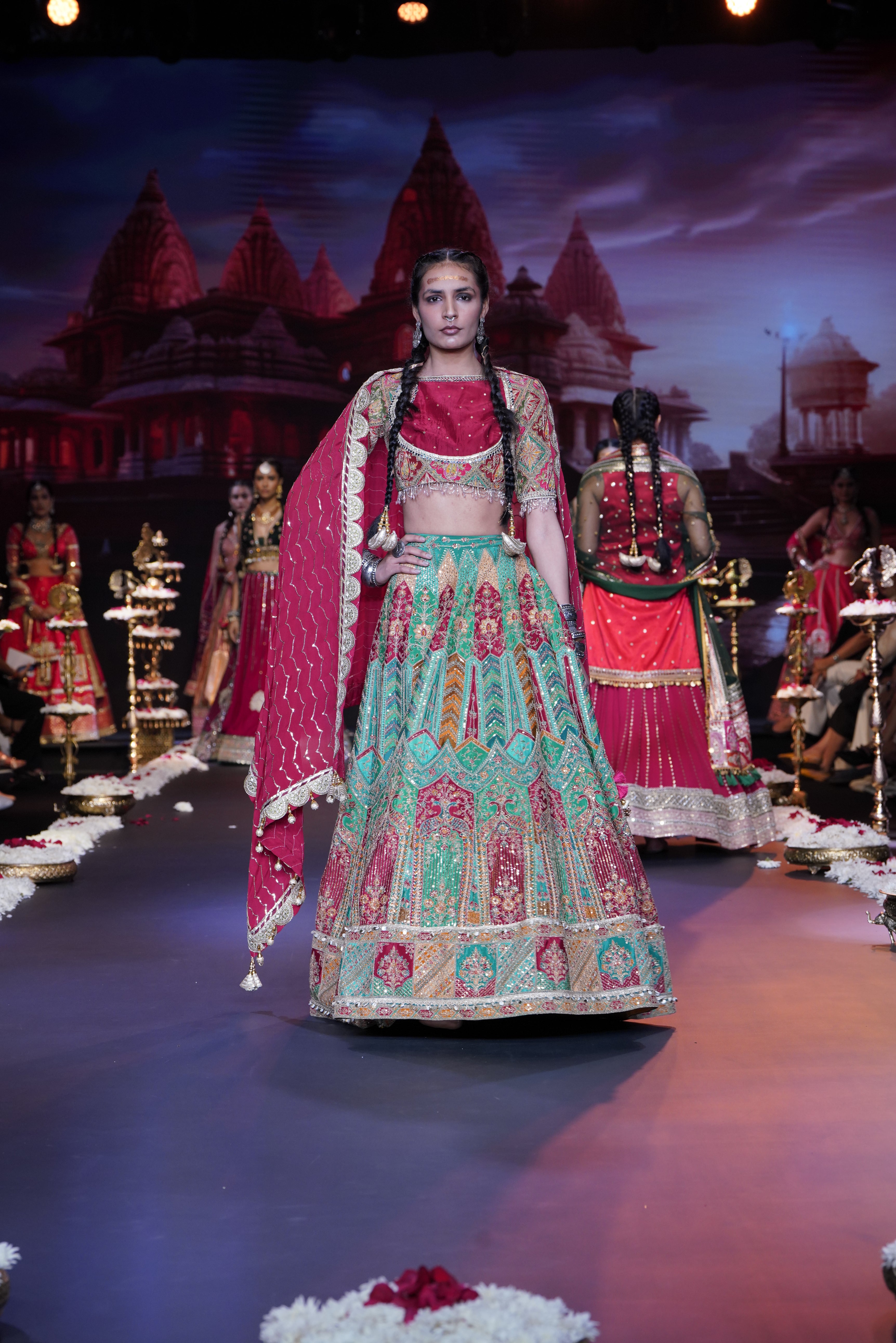 Red- Multi color raw silk embroidered lehenga set