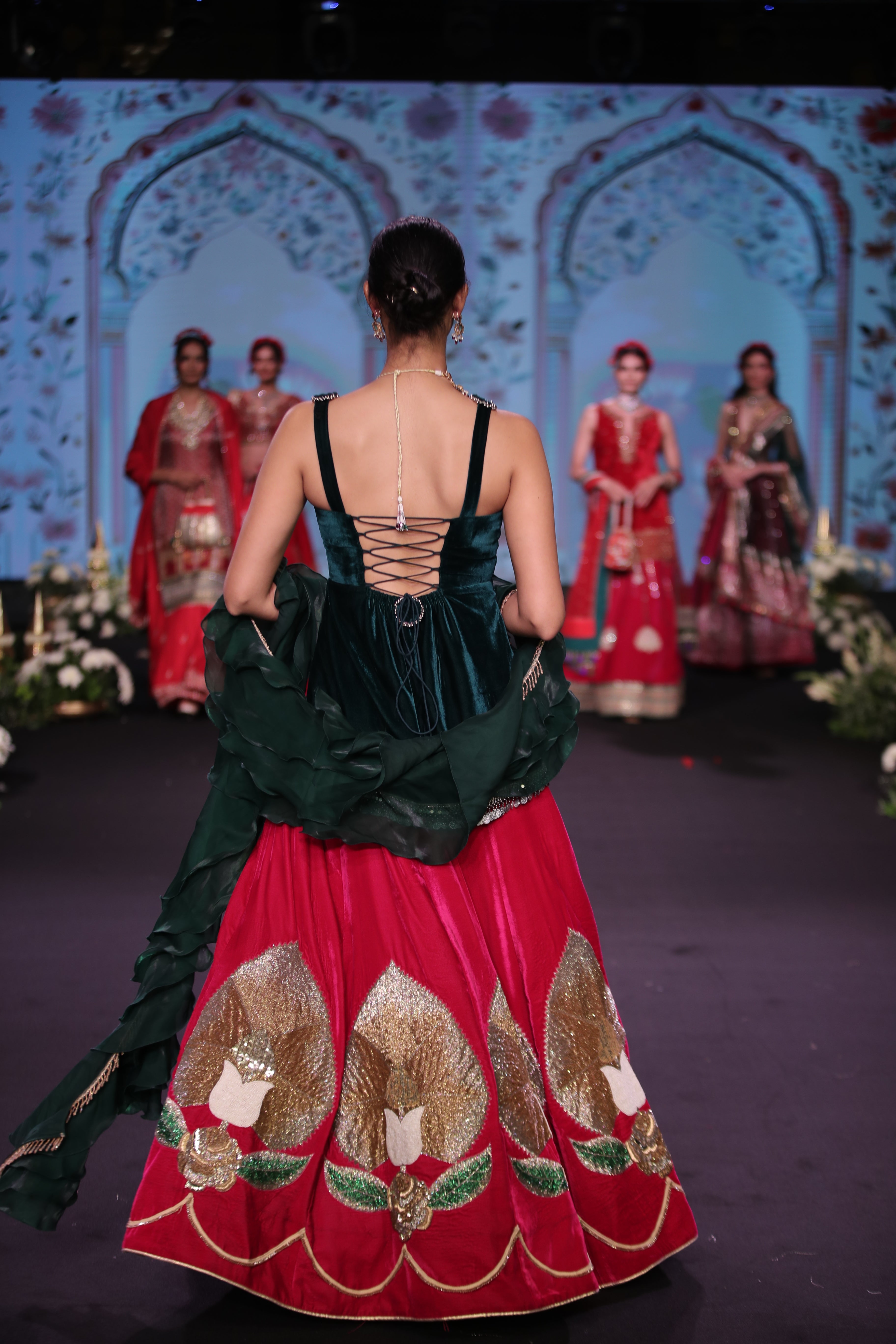 Dual tone green and pink ram mandir inspired lehenga set