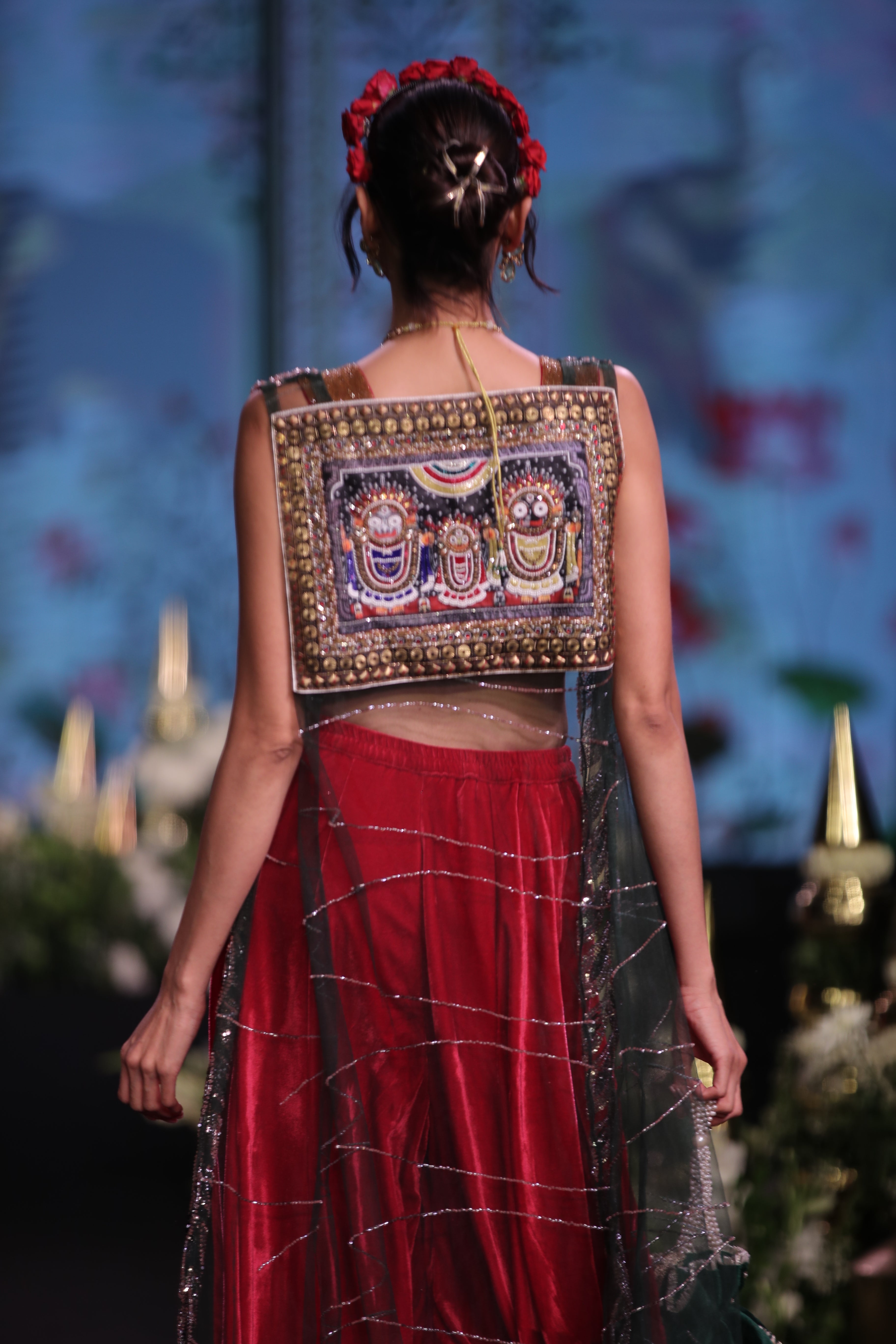 Red palazzo set and cape with jaganath embroidered print
