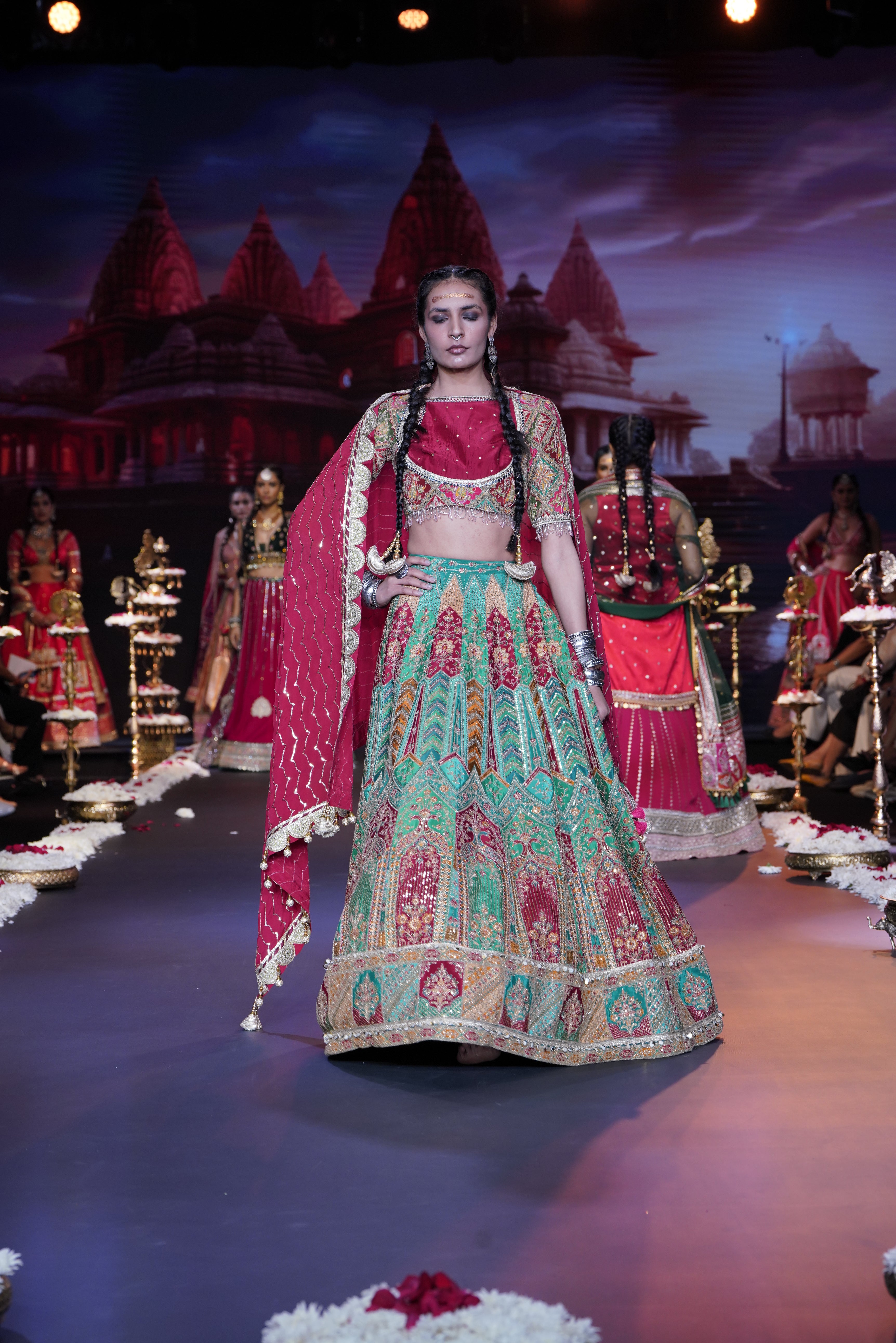 Red- Multi color raw silk embroidered lehenga set