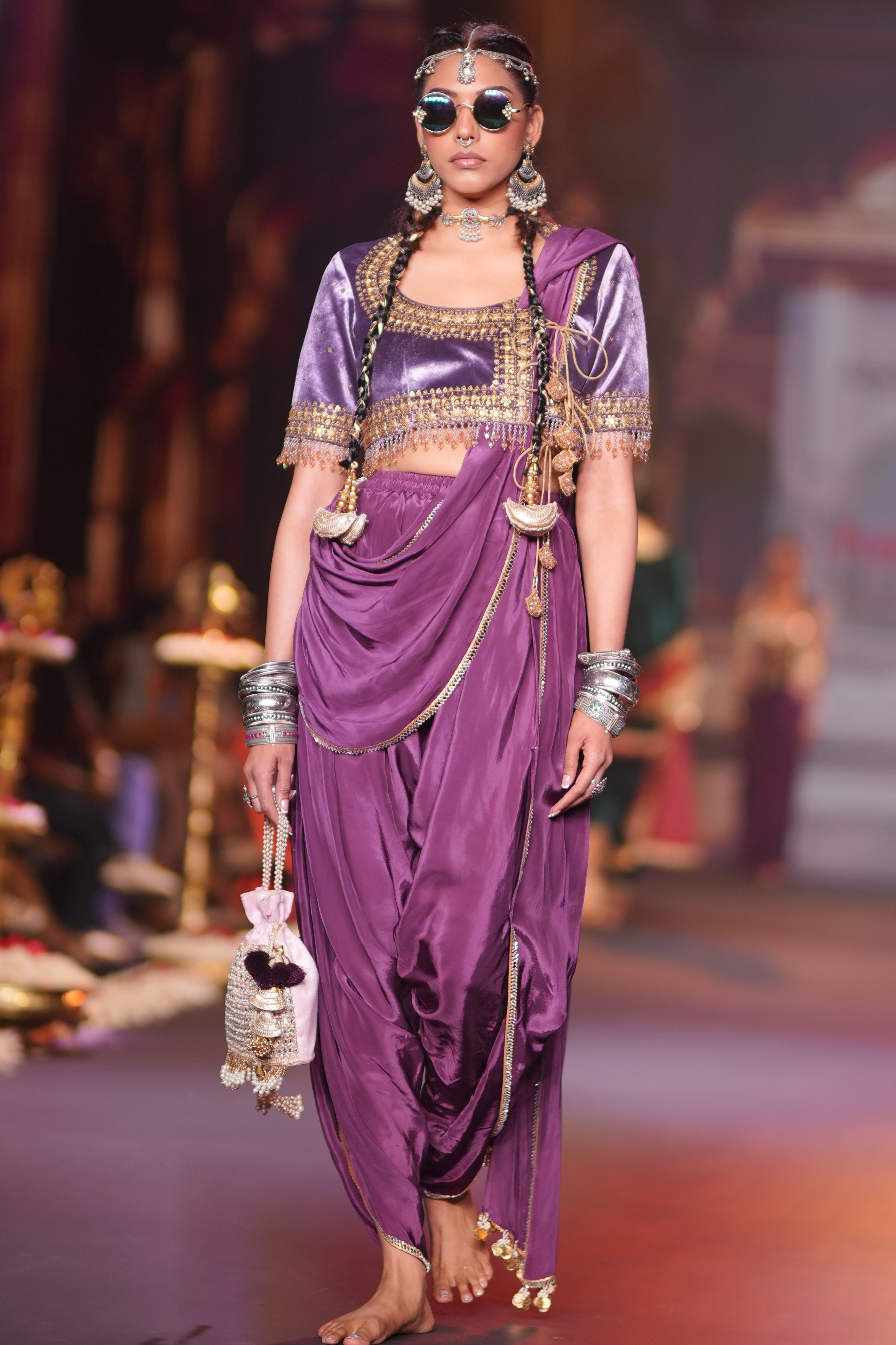Lilac dhoti drape style two- piece set
