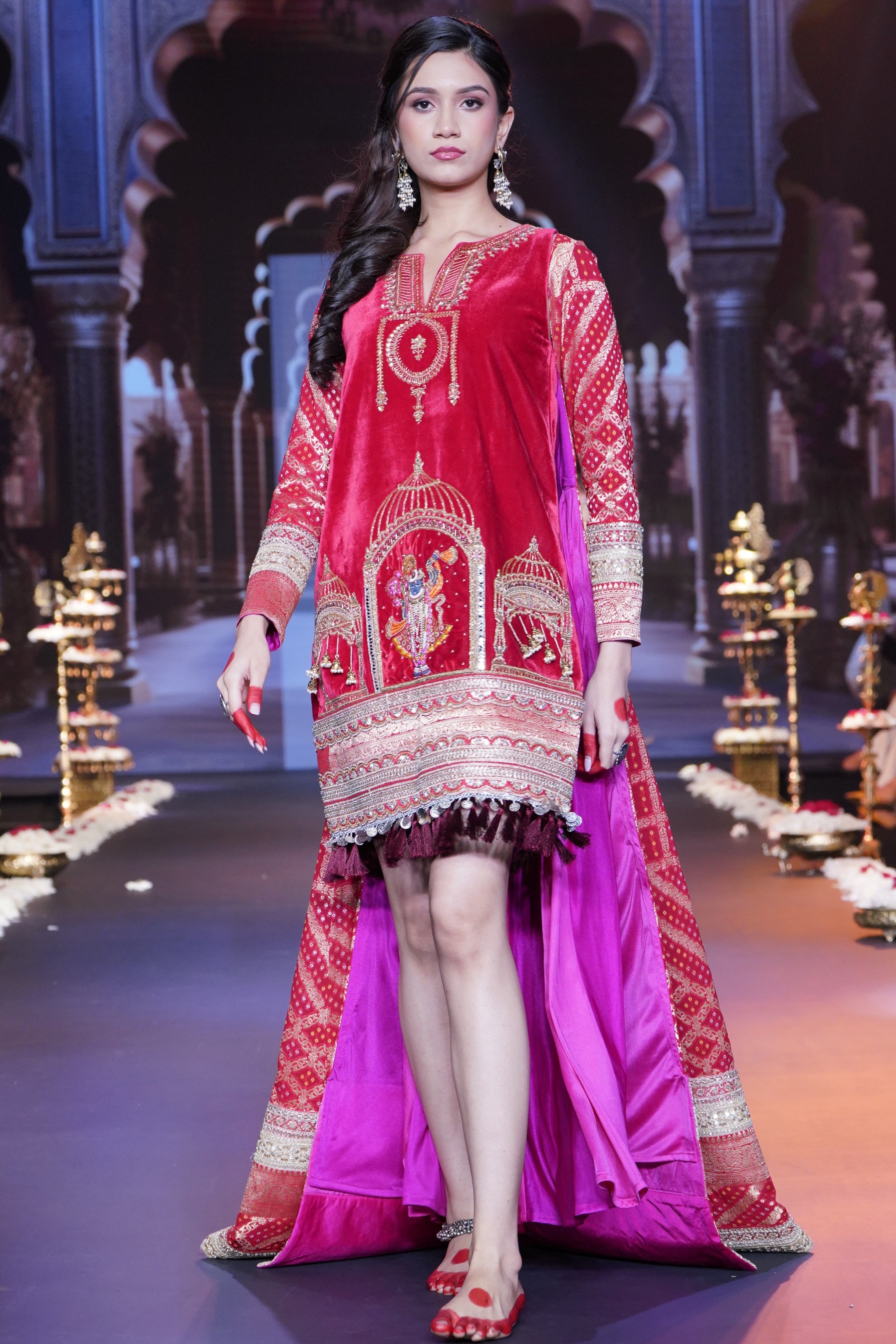 Red srinathji embroidered dress with long cape