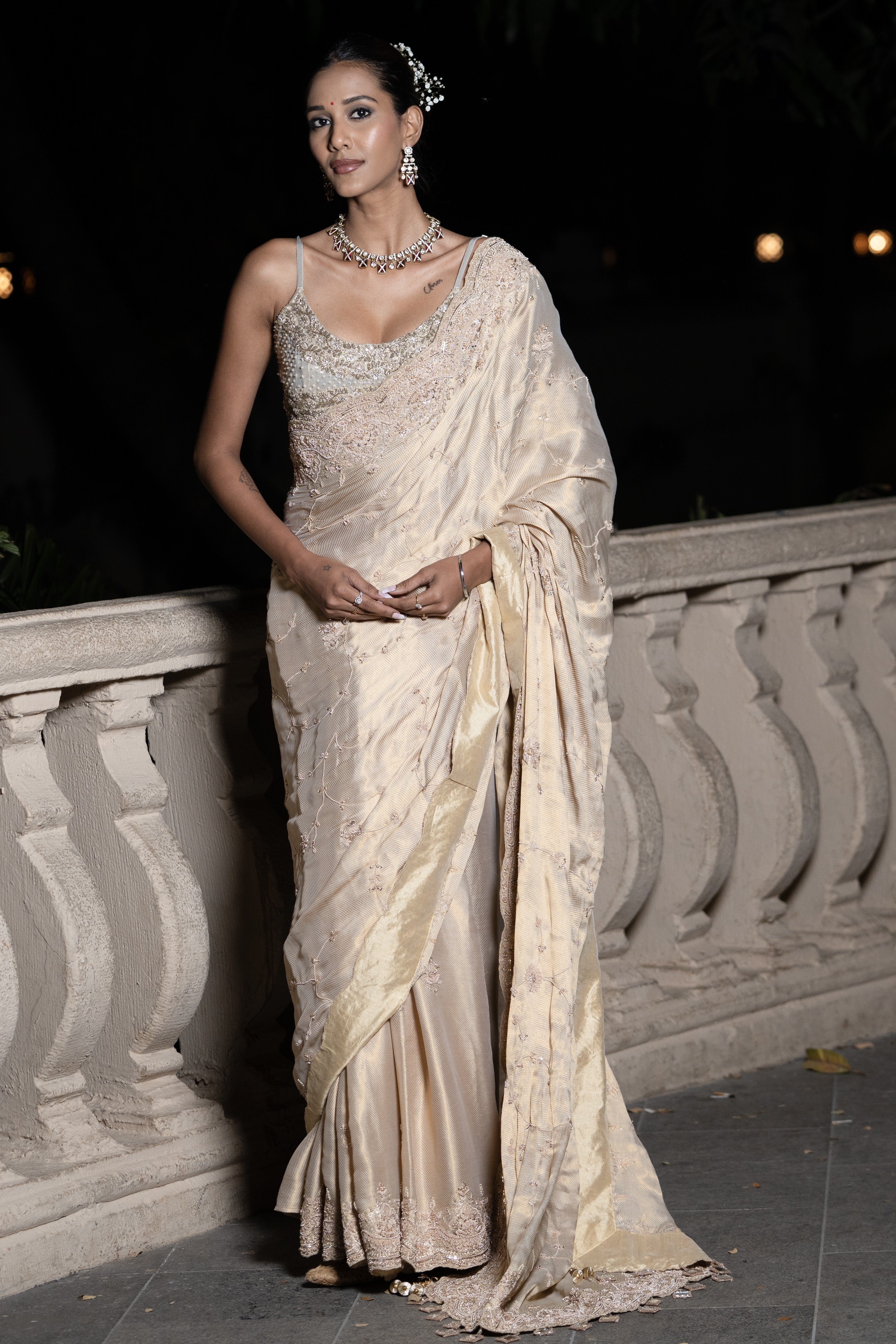 Yellow tissue embroidered saree