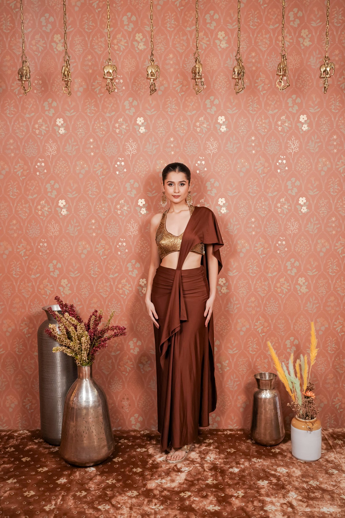 Brown Coin Drape Dress