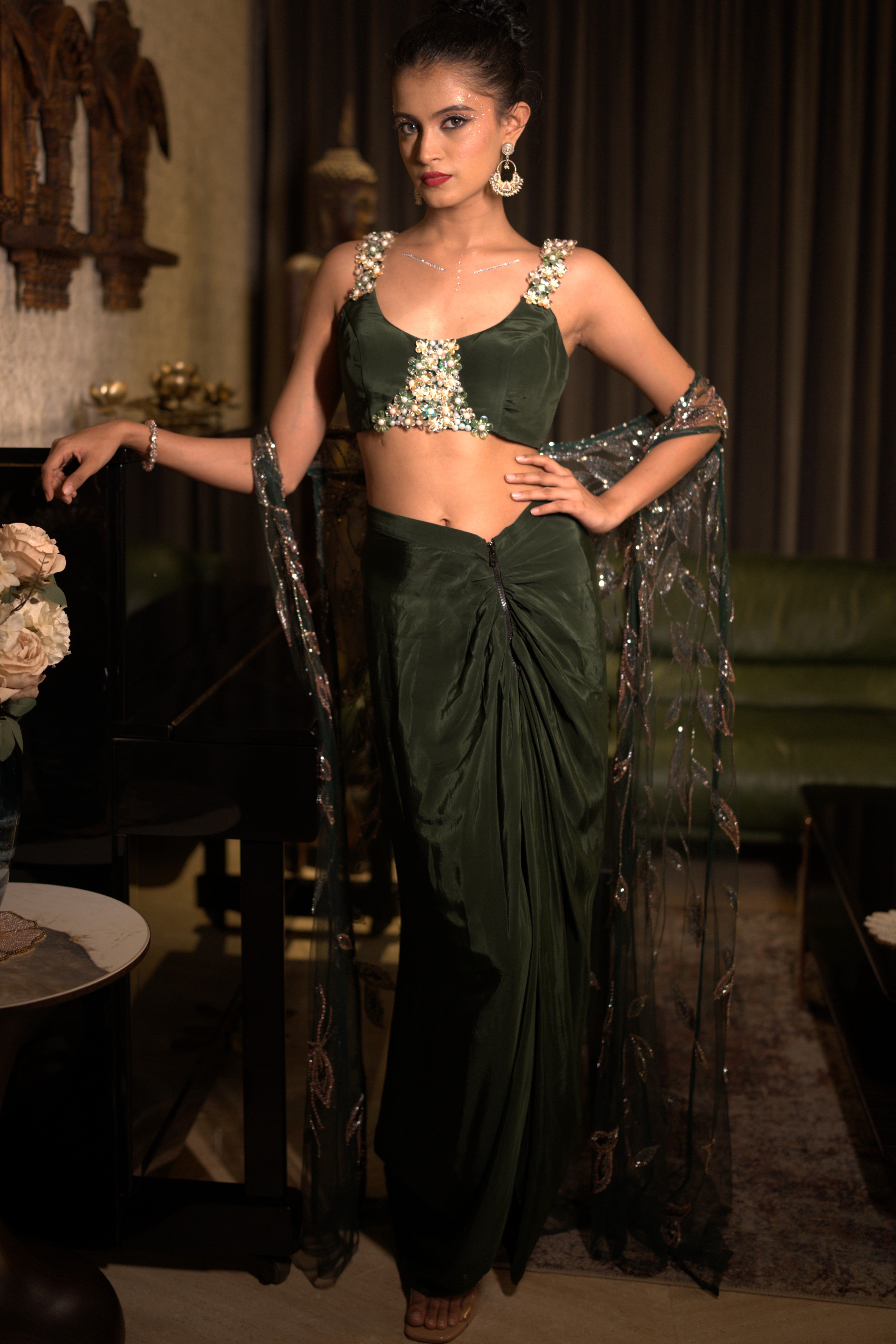 Bottle green embroidered three- piece set with long cape
