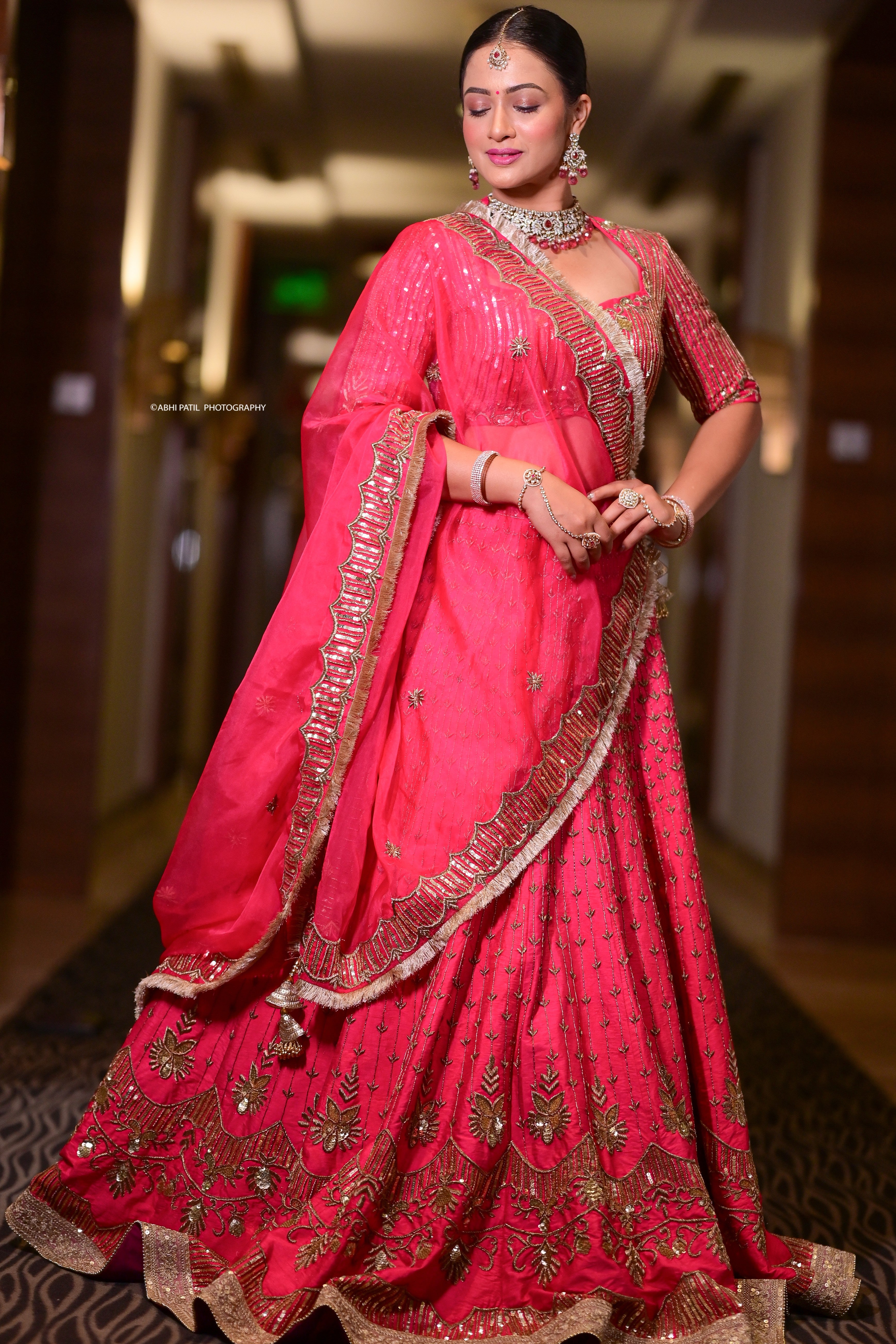 Pink raw silk embroidered lehenga set