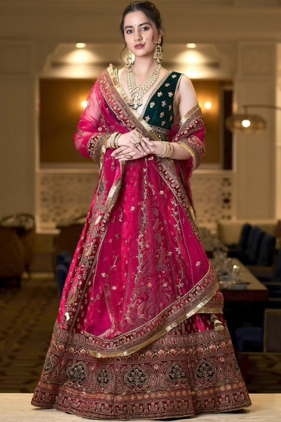 Two toned green and pink embroidered lehenga set