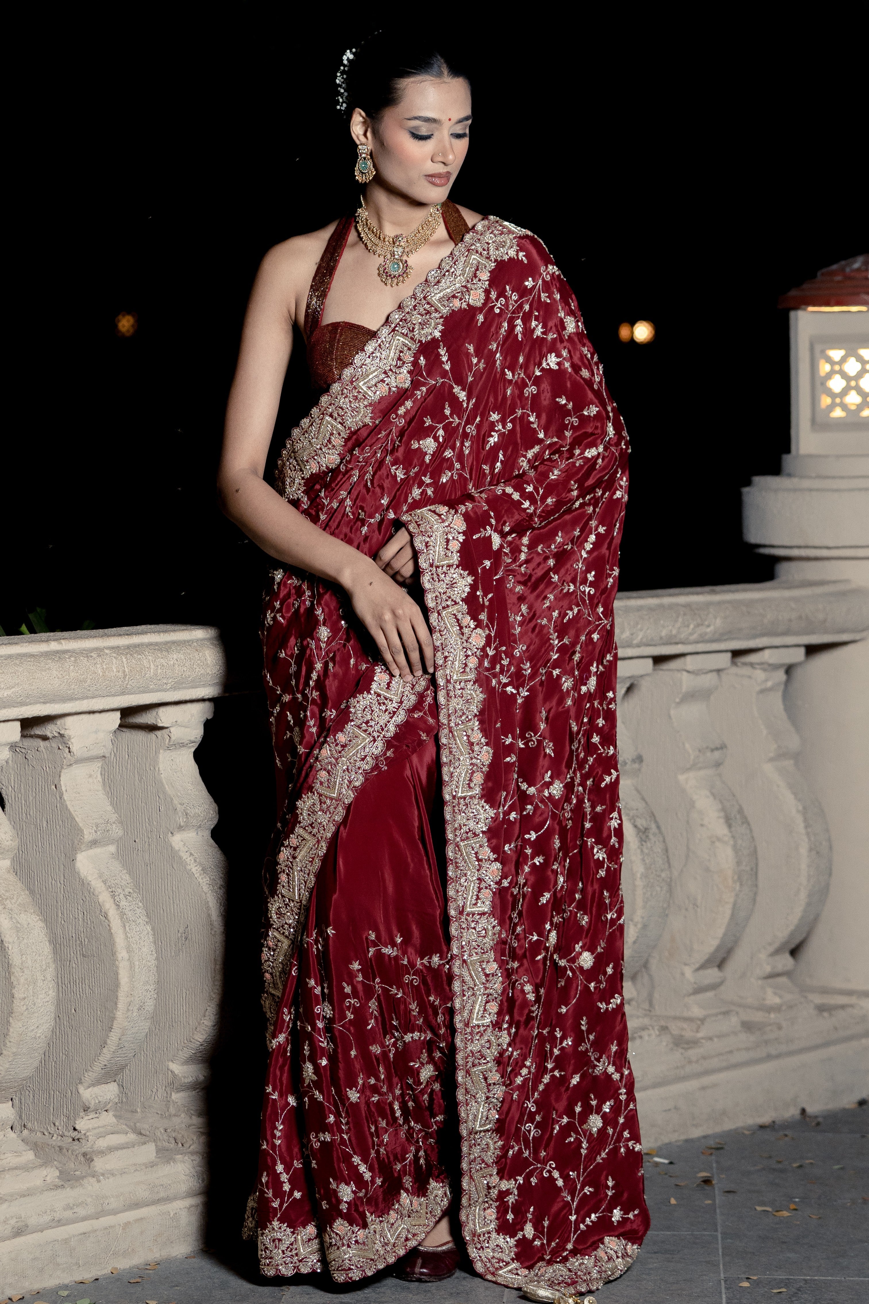 Maroon embroidered saree