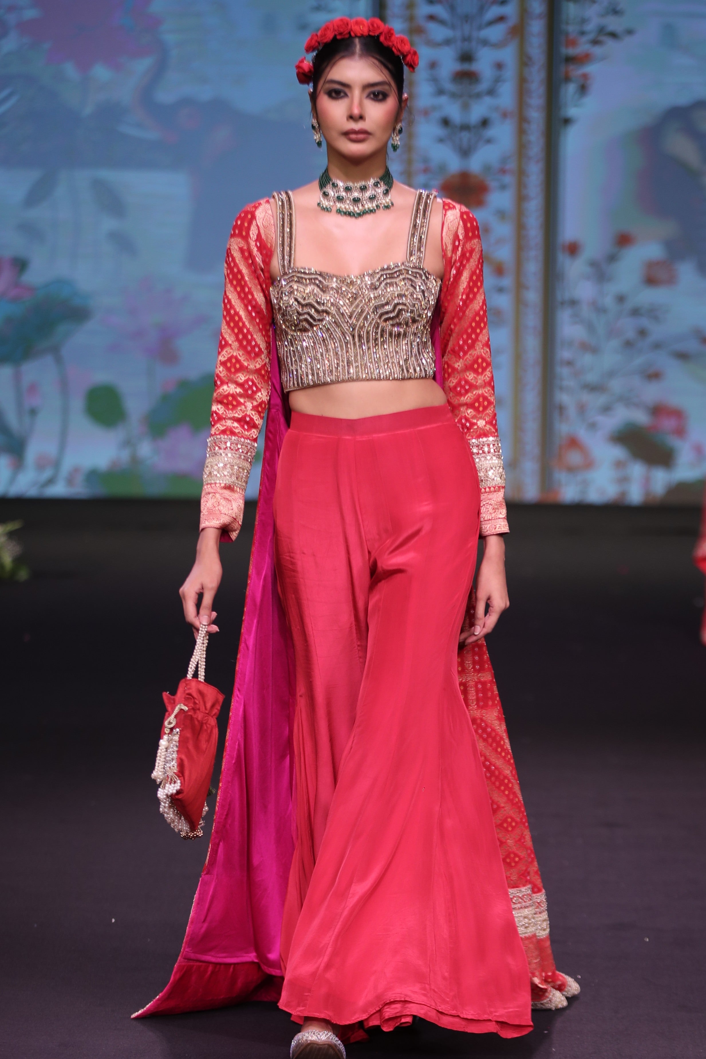 Red three piece set with long cape