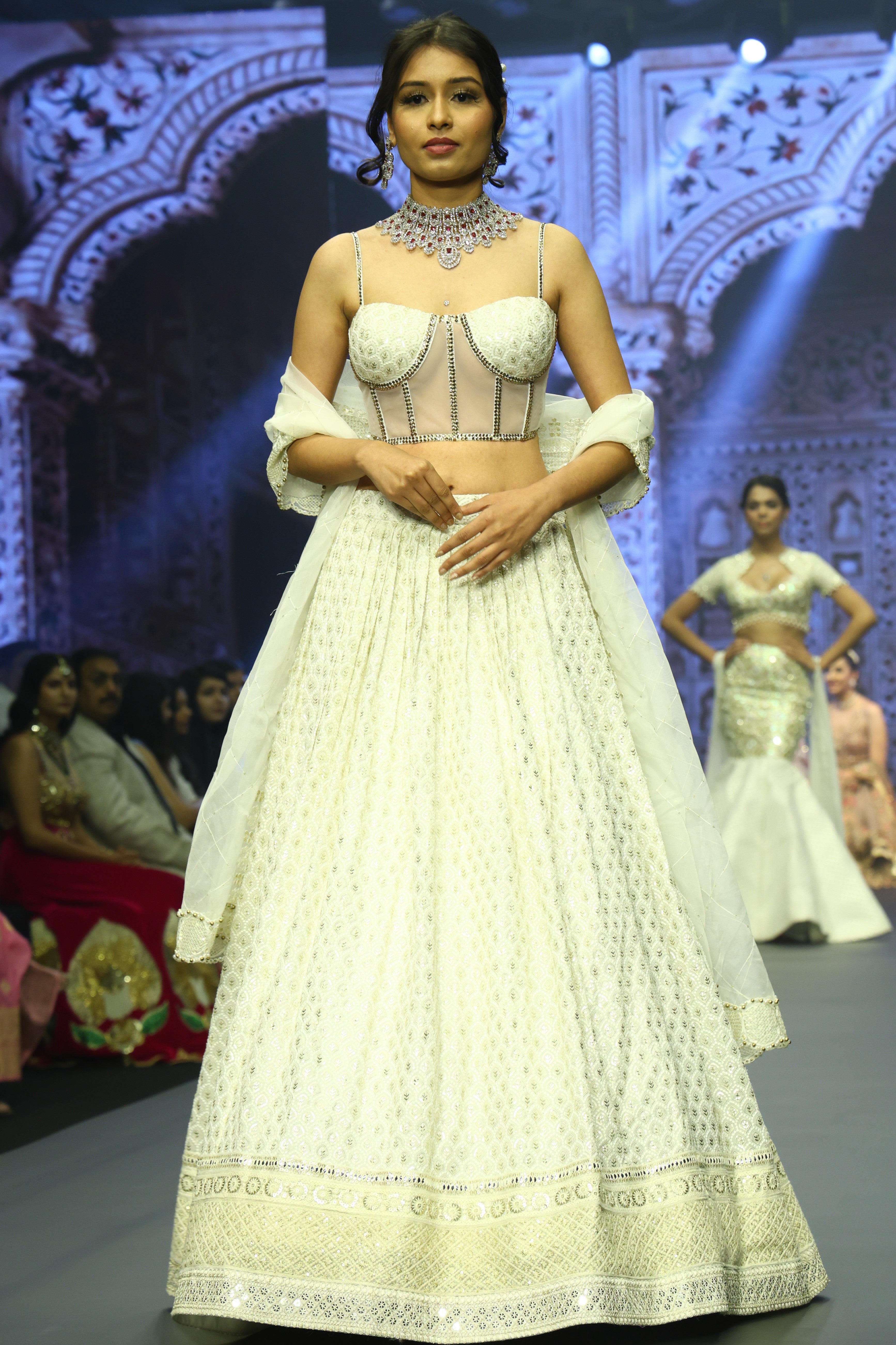 White embroidered corset lehenga set