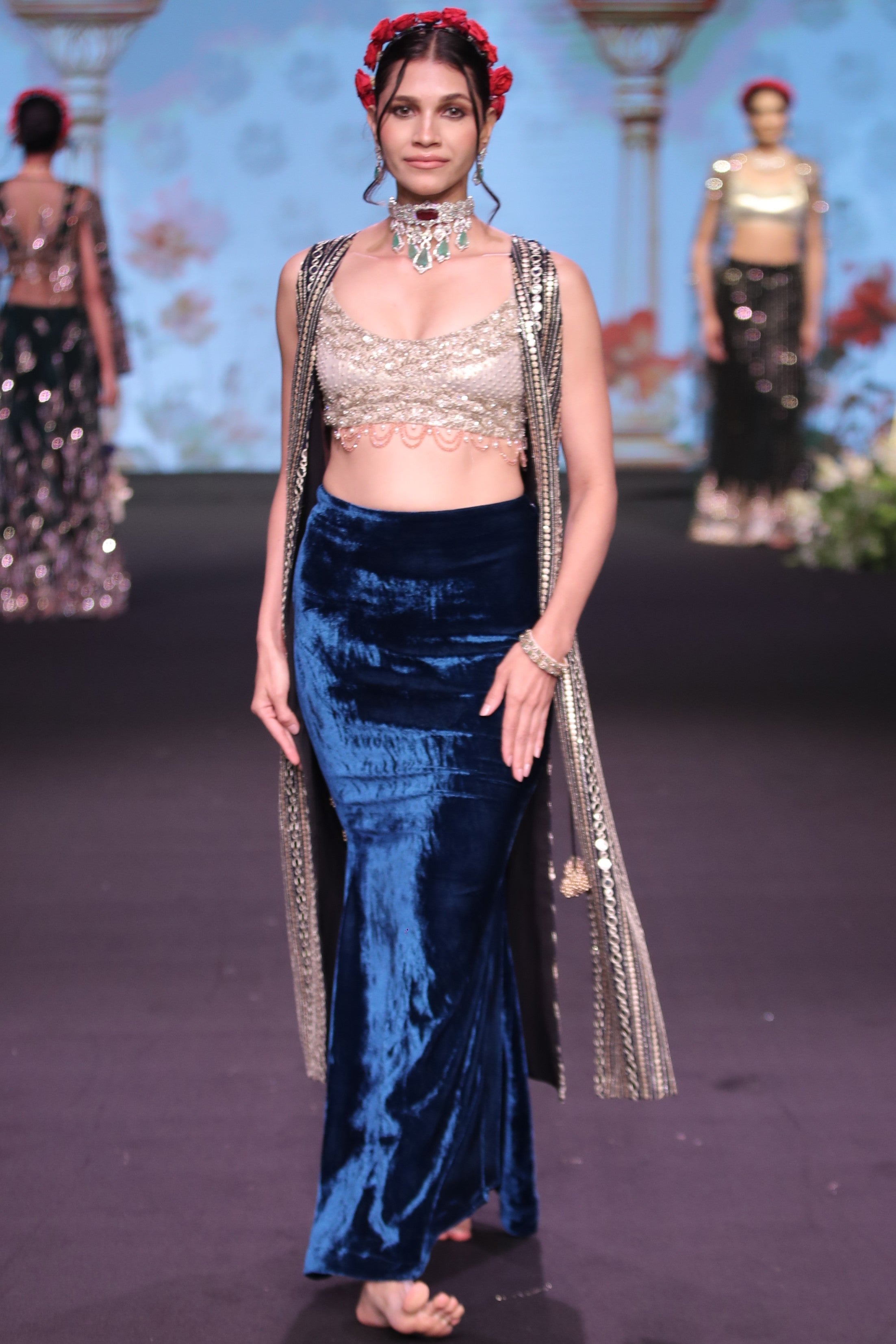 Navy blue embroidered three- piece set