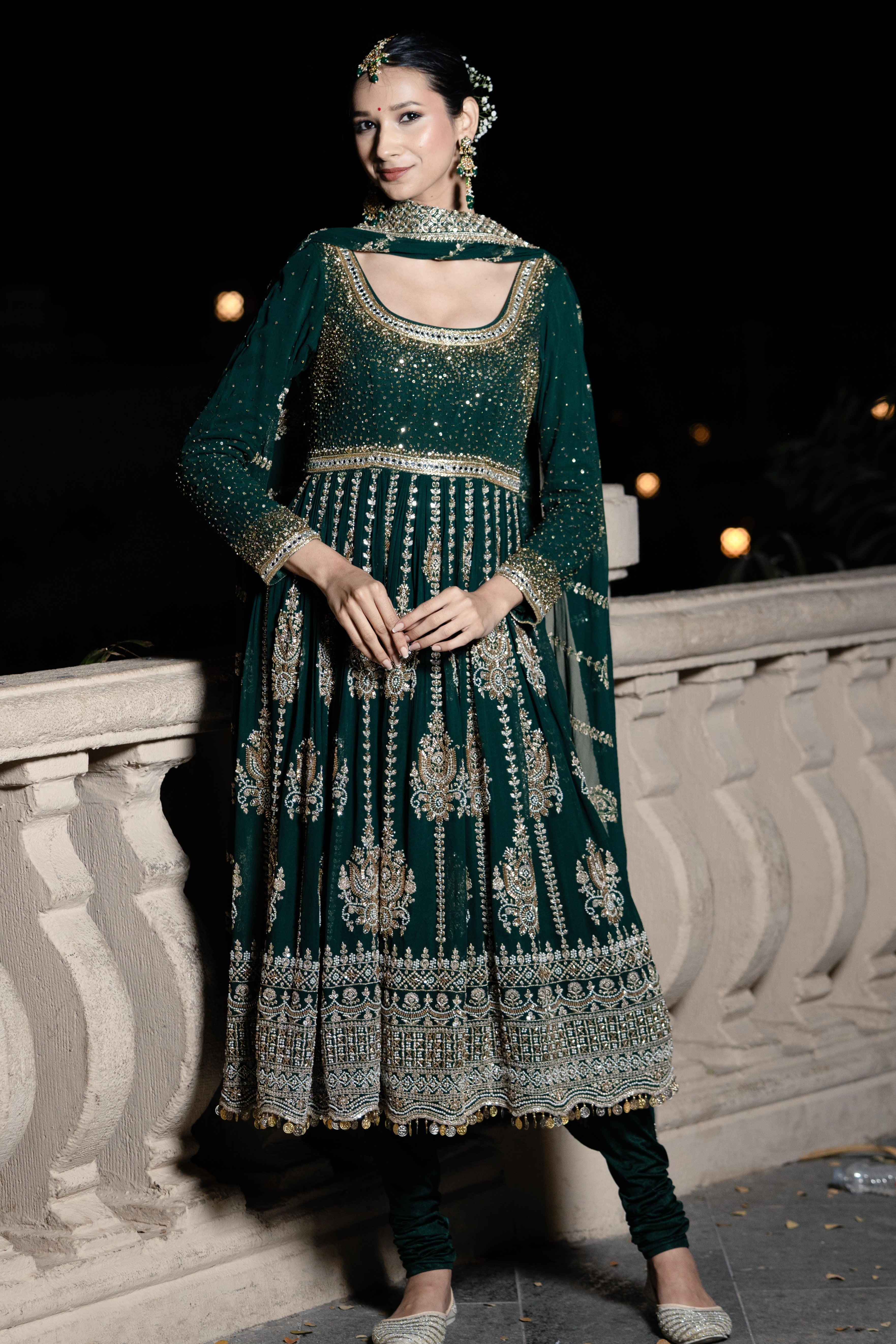 Green embroidered Anarkali set