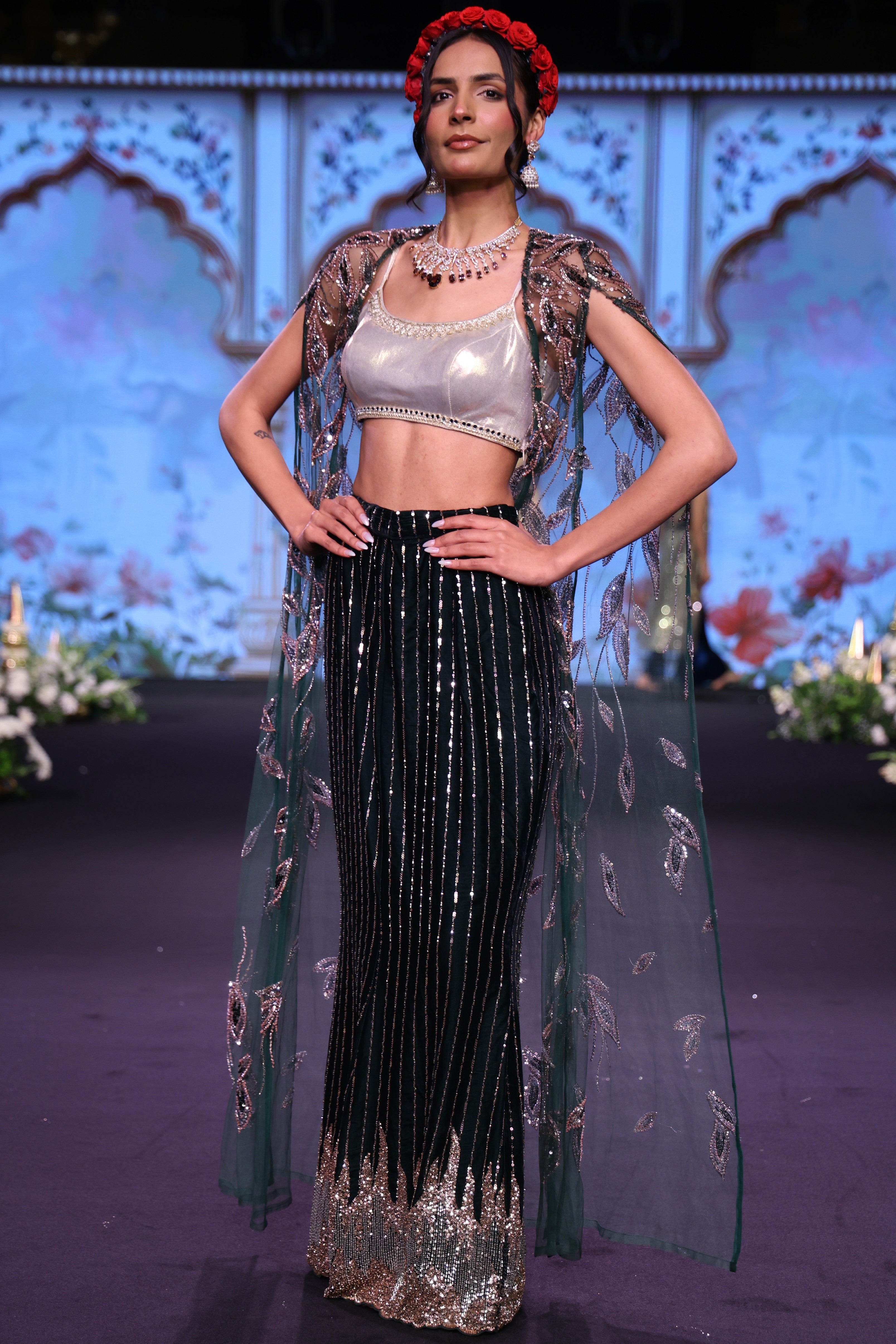 Two toned cutdana embroidered three- piece set