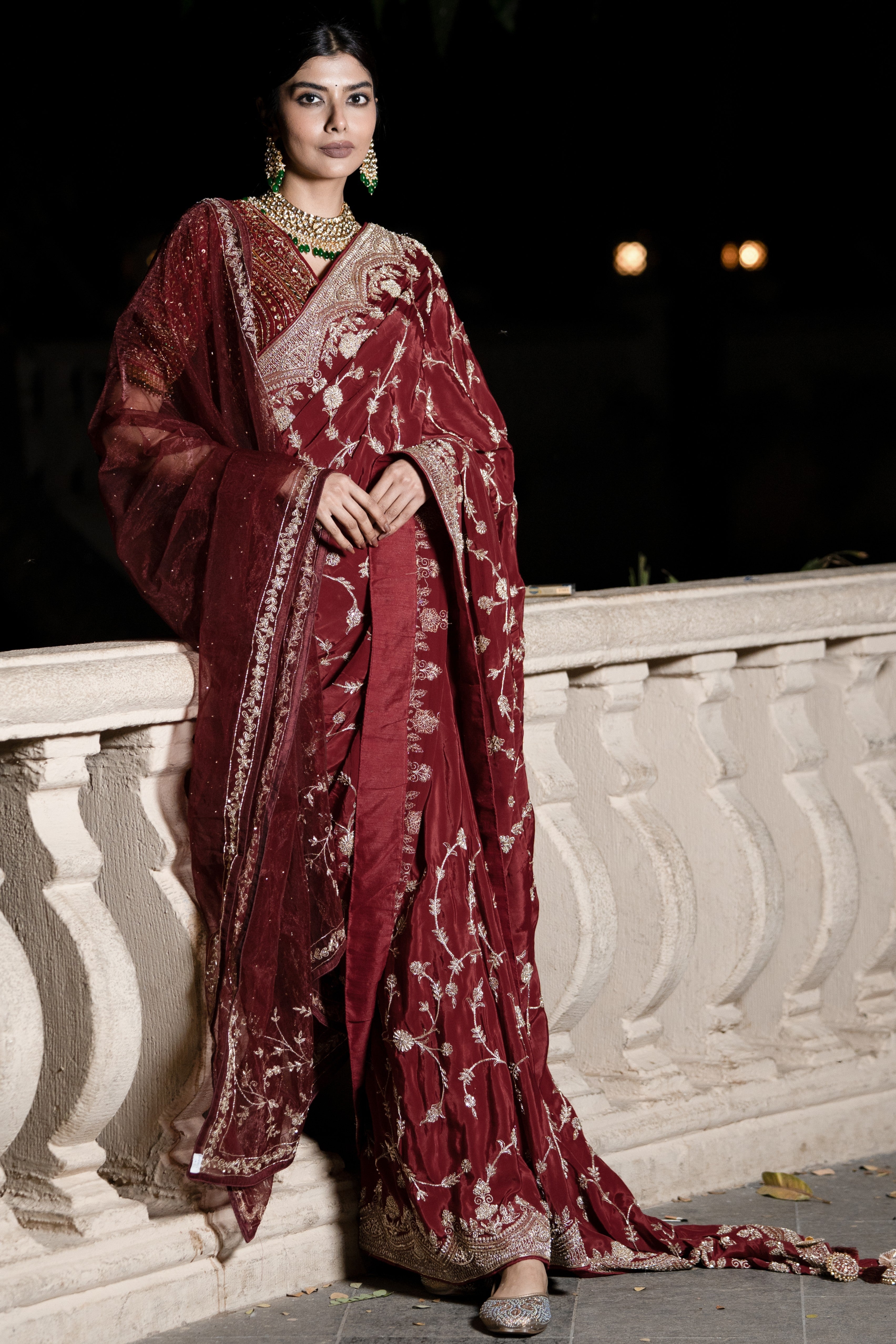 Maroon embroidered saree