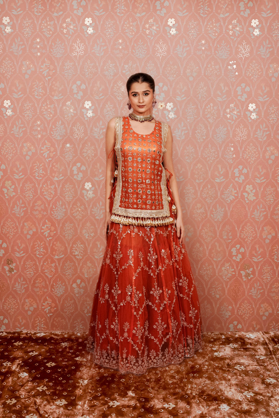 Orange Embroidered Lehenga Set