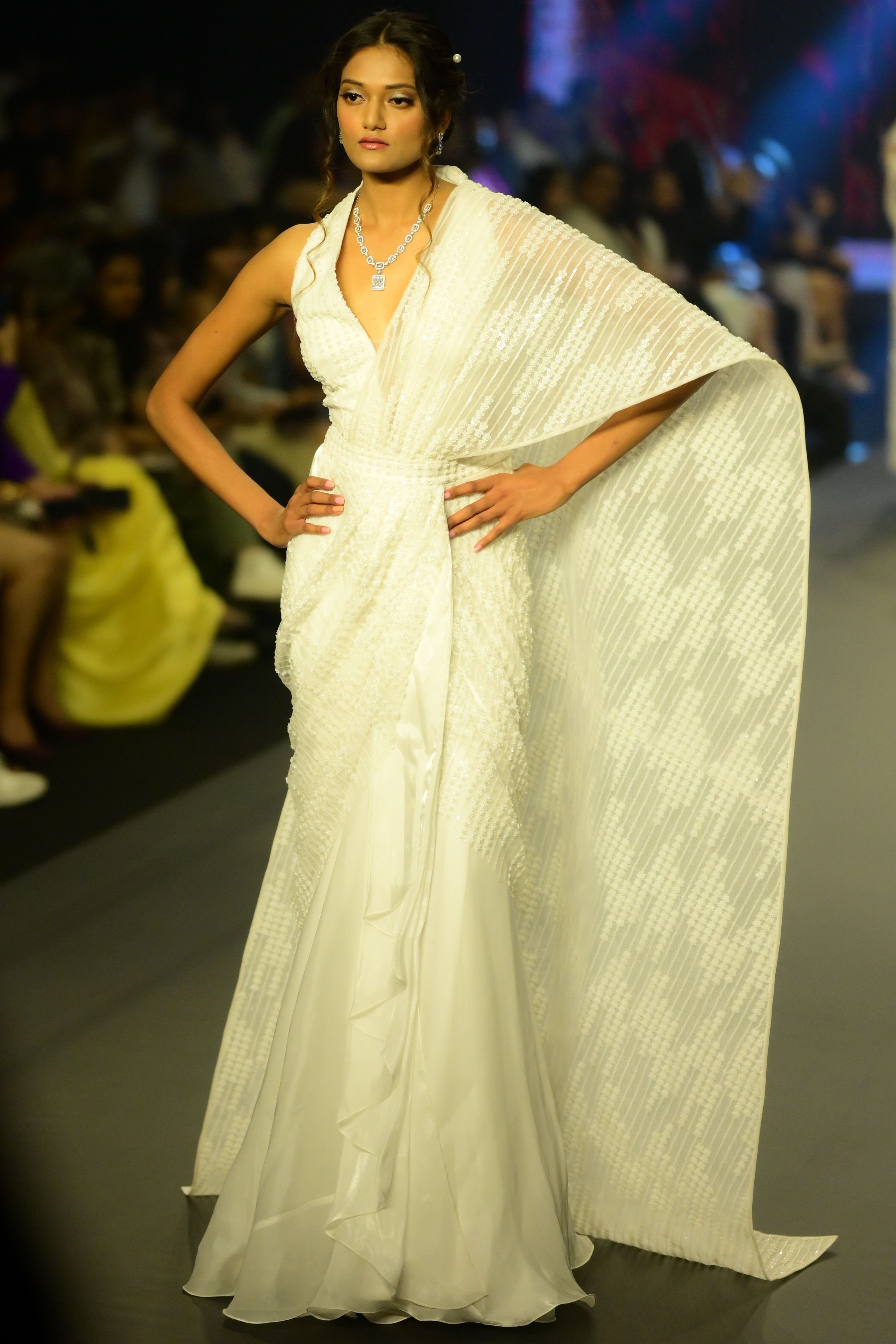 White sequin pre drape saree