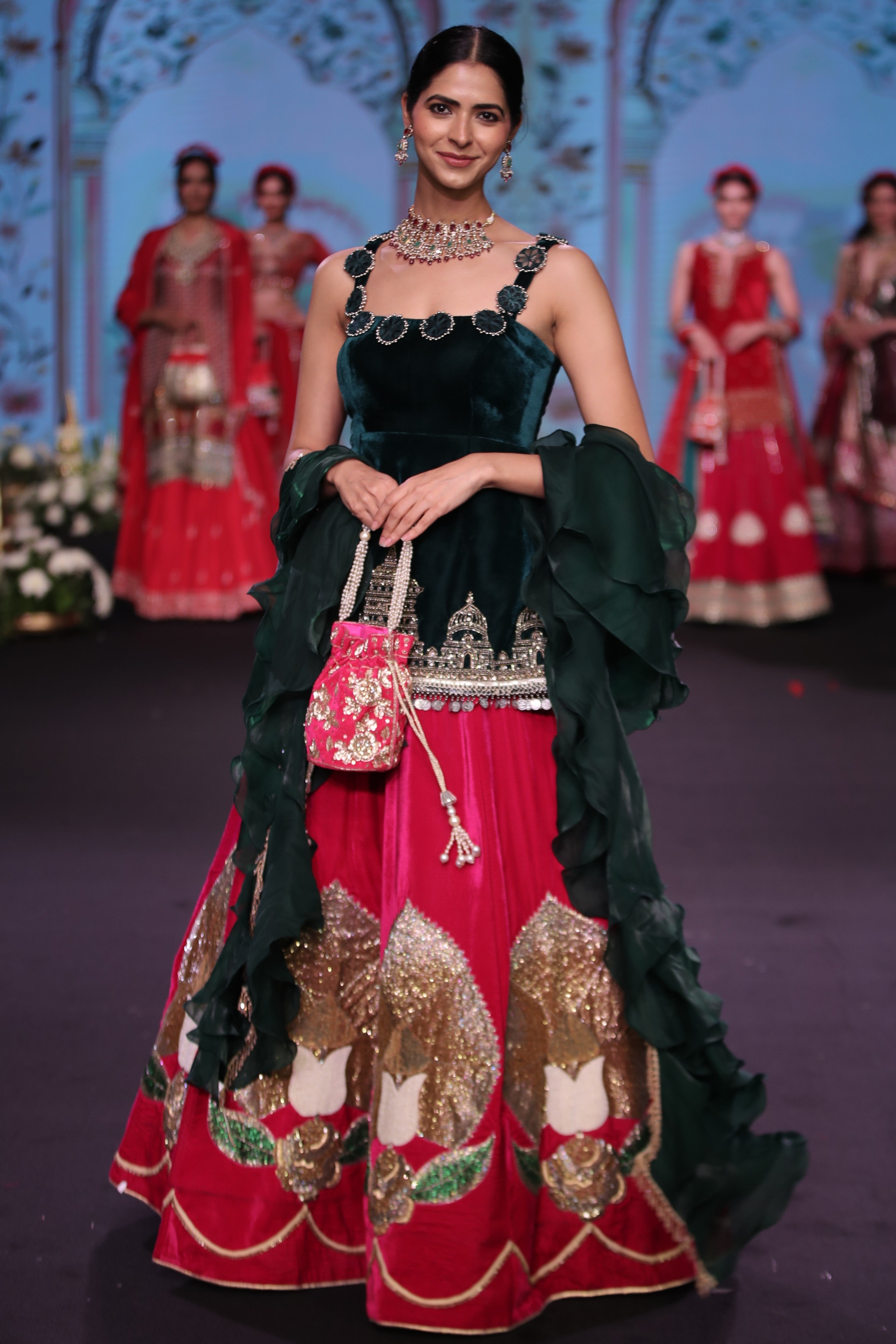 Dual tone green and pink ram mandir inspired lehenga set