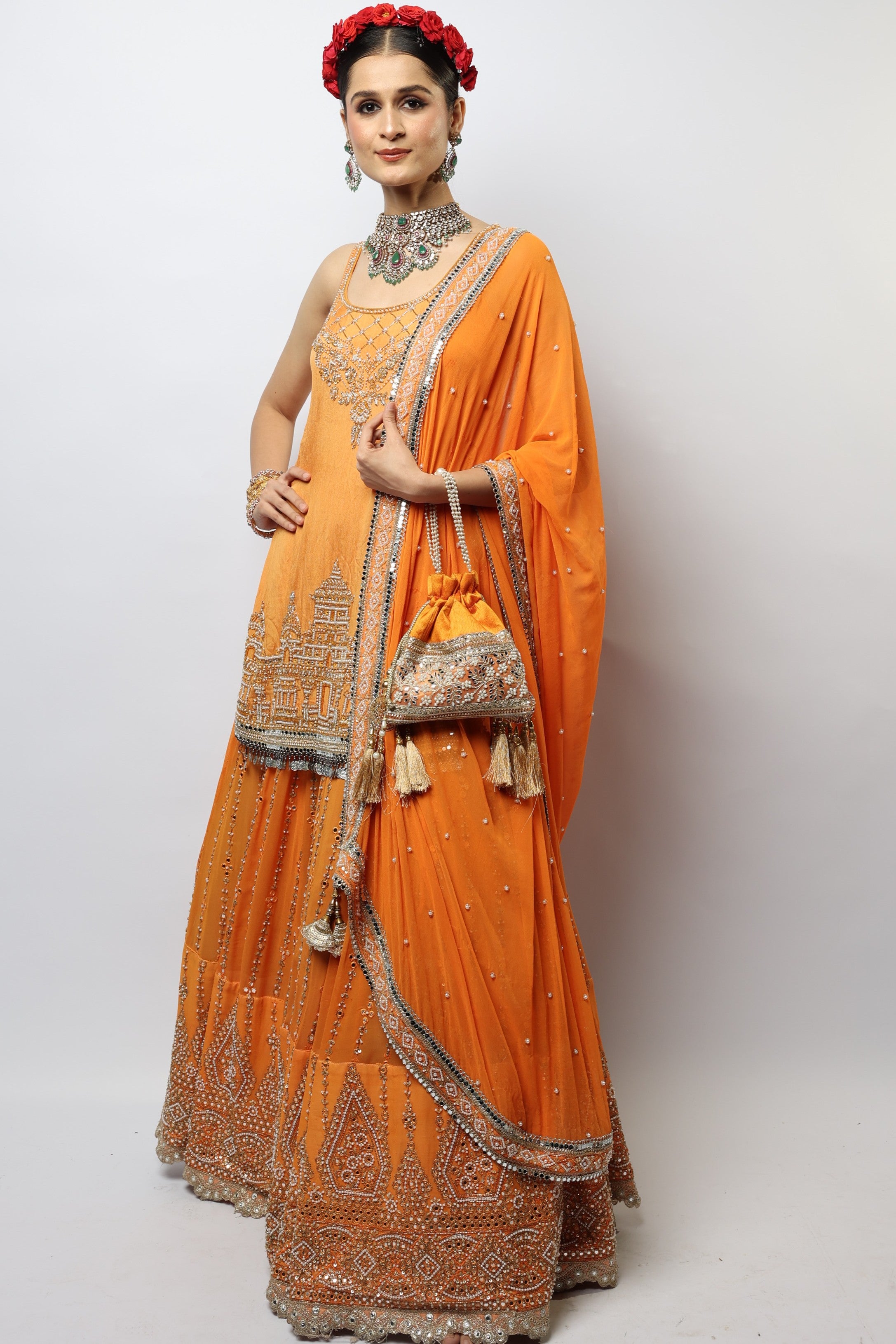 Orange ram mandir inspired embroidered lehenga set