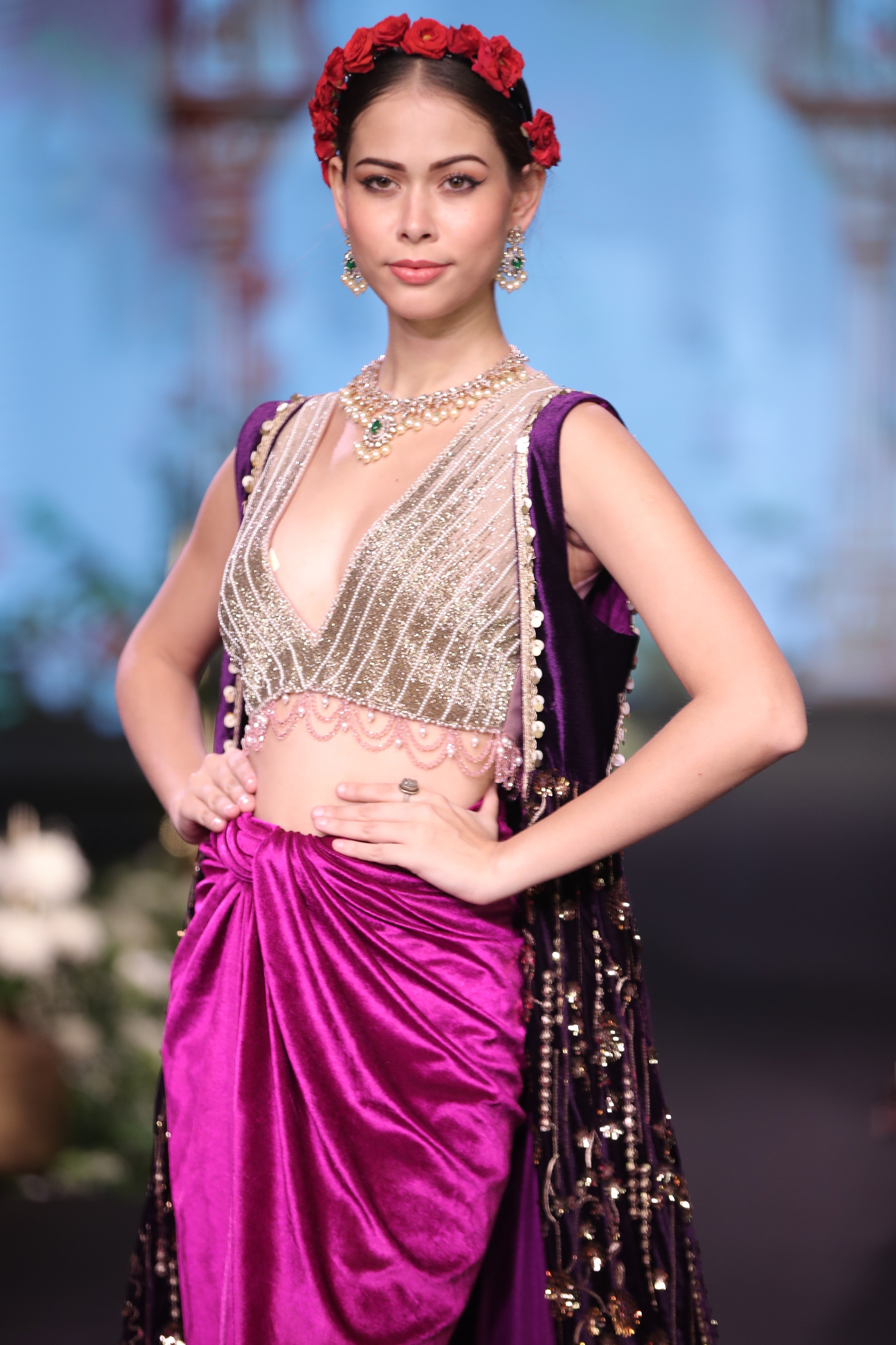 Two toned purple and light gold embroidered three – piece set