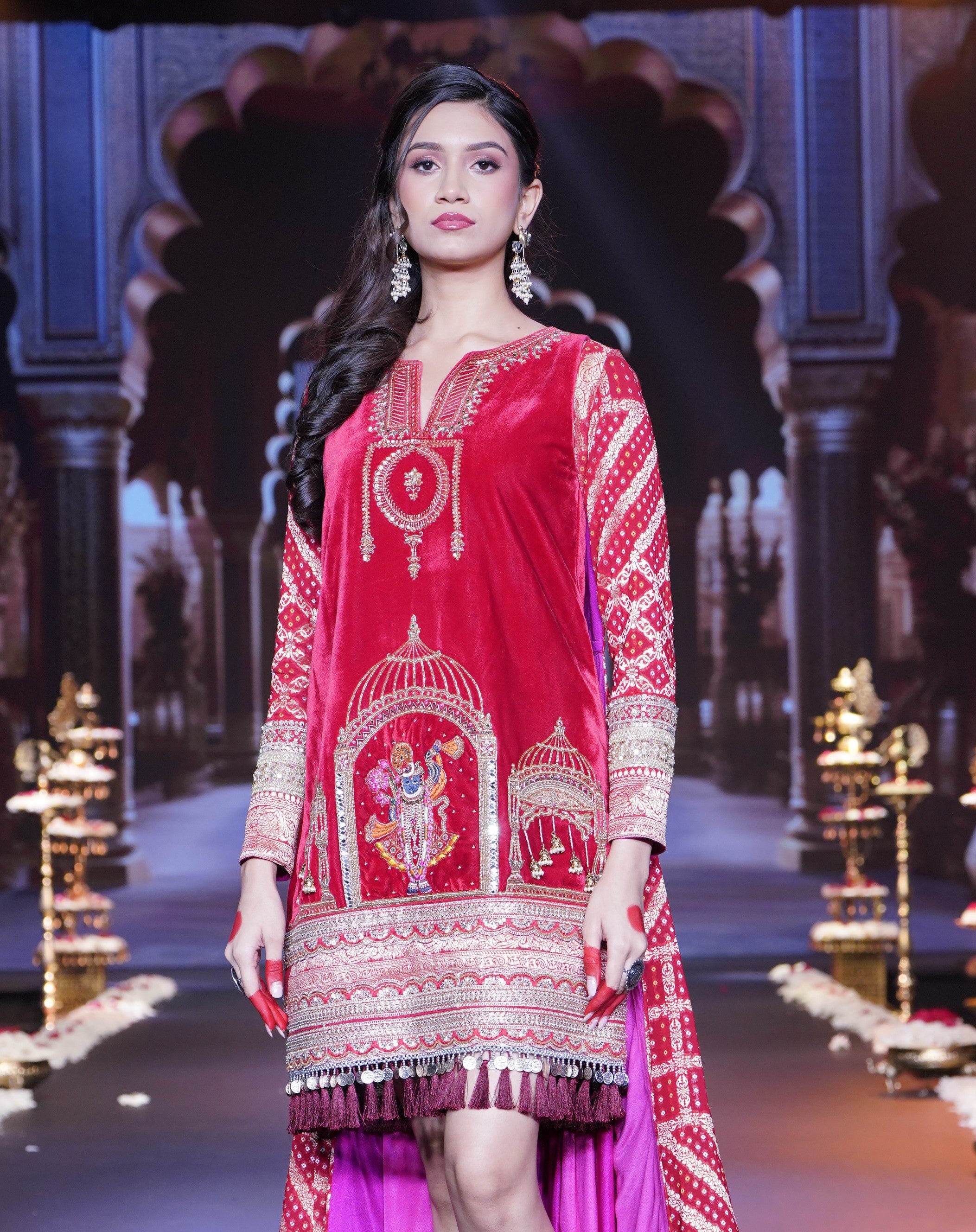 Red srinathji embroidered dress with long cape