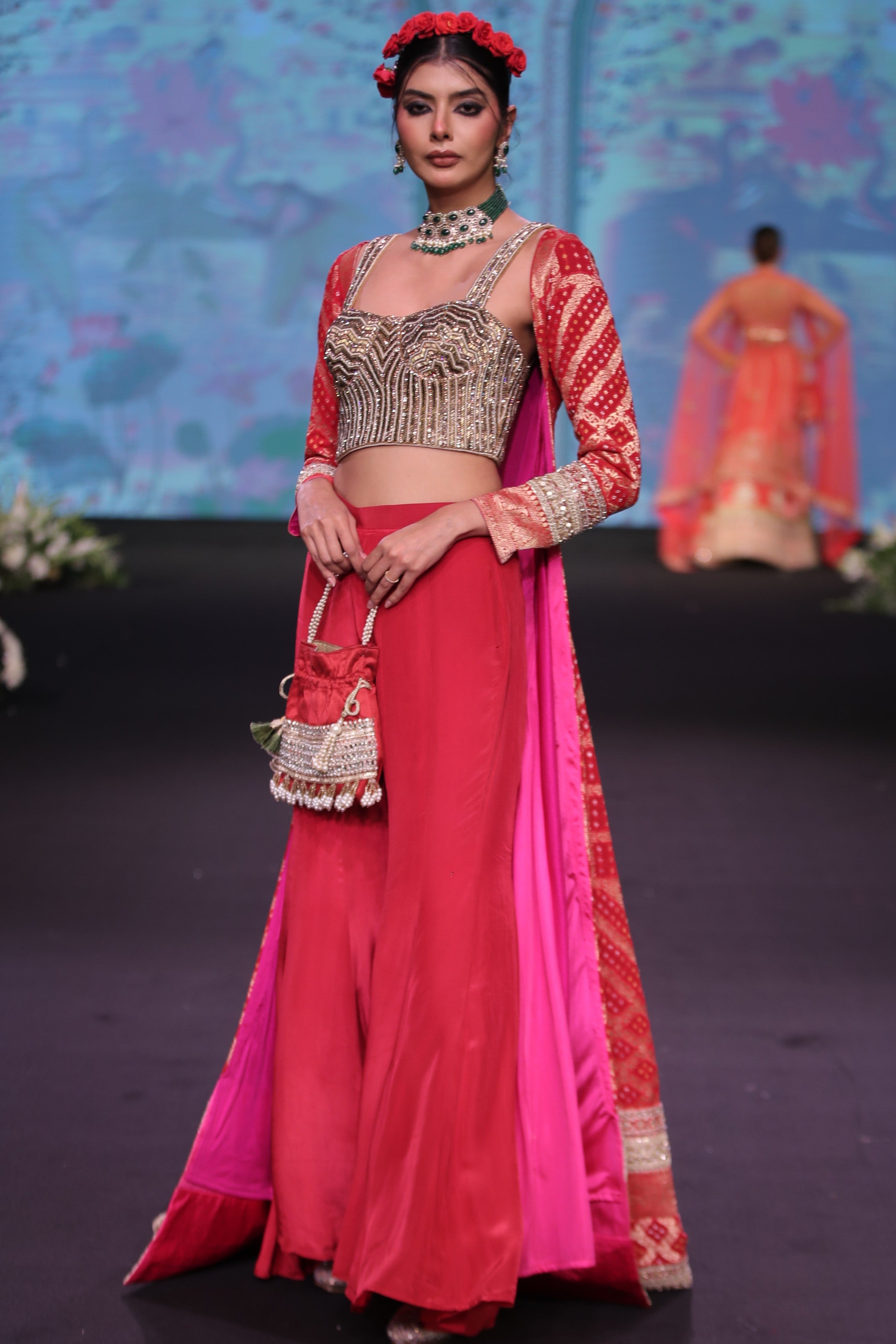 Red three piece set with long cape