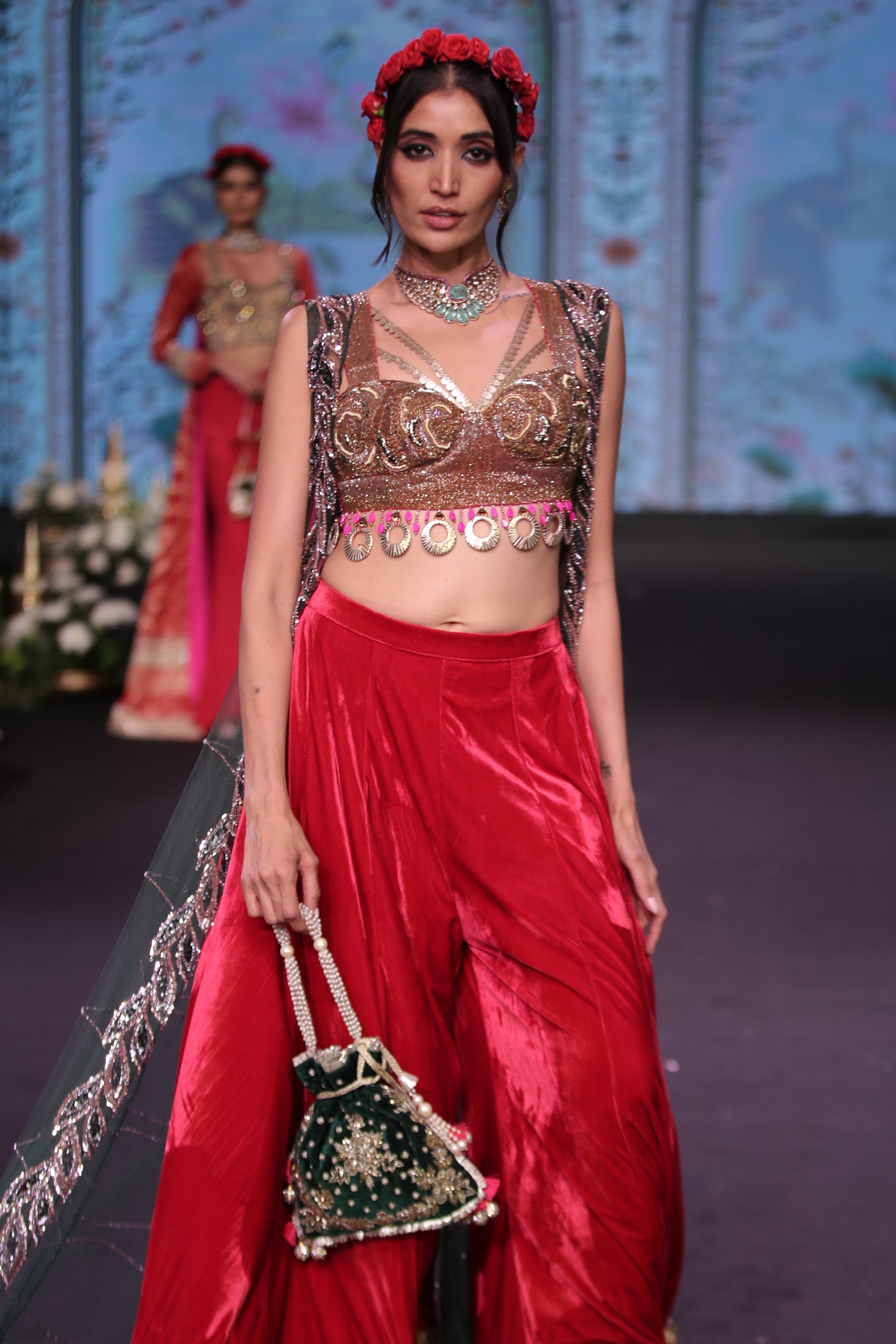 Red palazzo set and cape with jaganath embroidered print