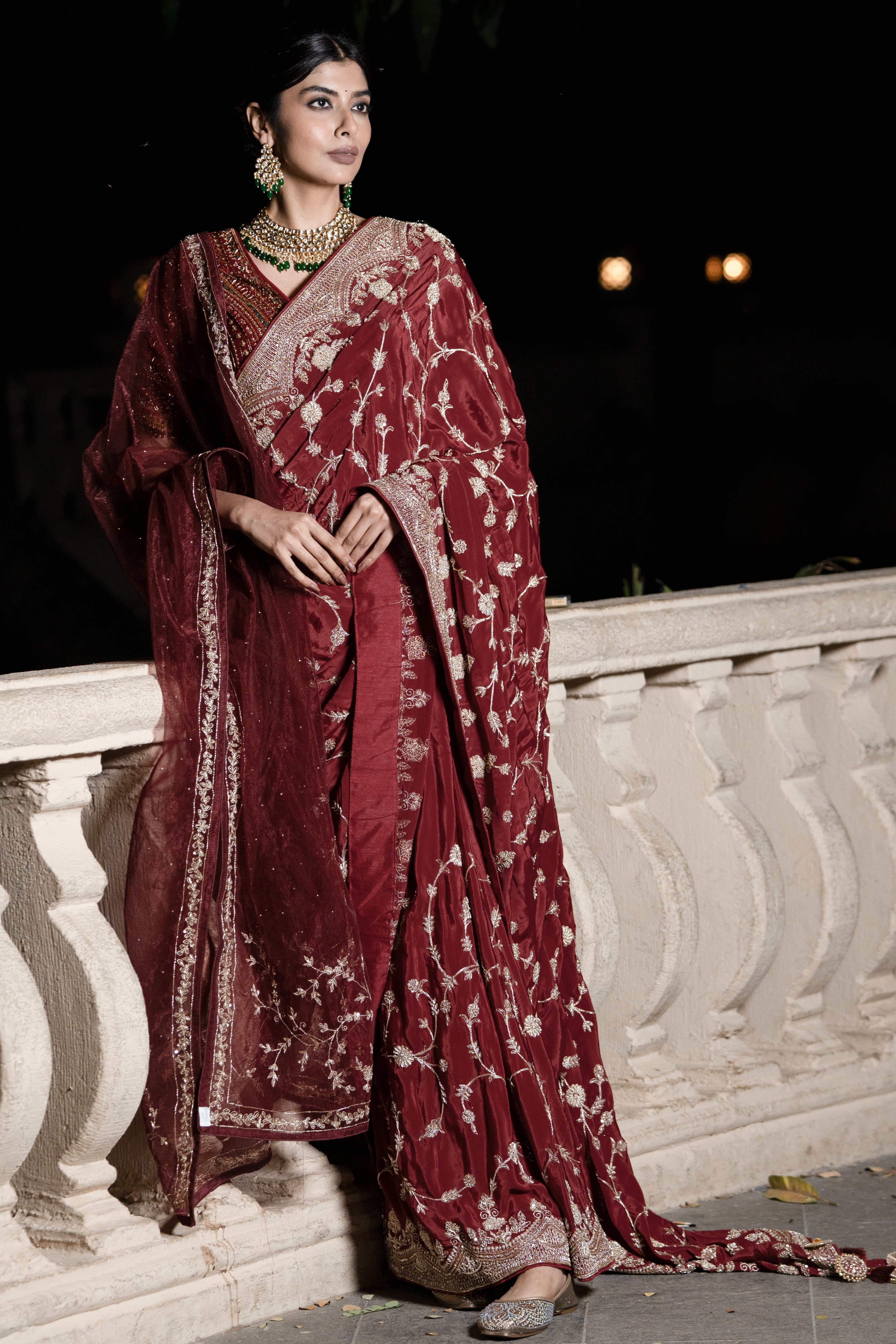 Maroon embroidered saree