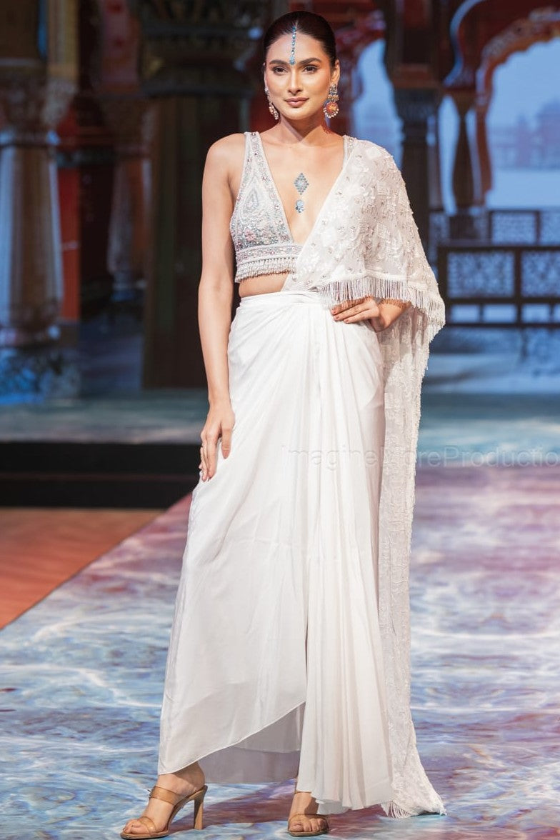 White embroidered pre drape saree