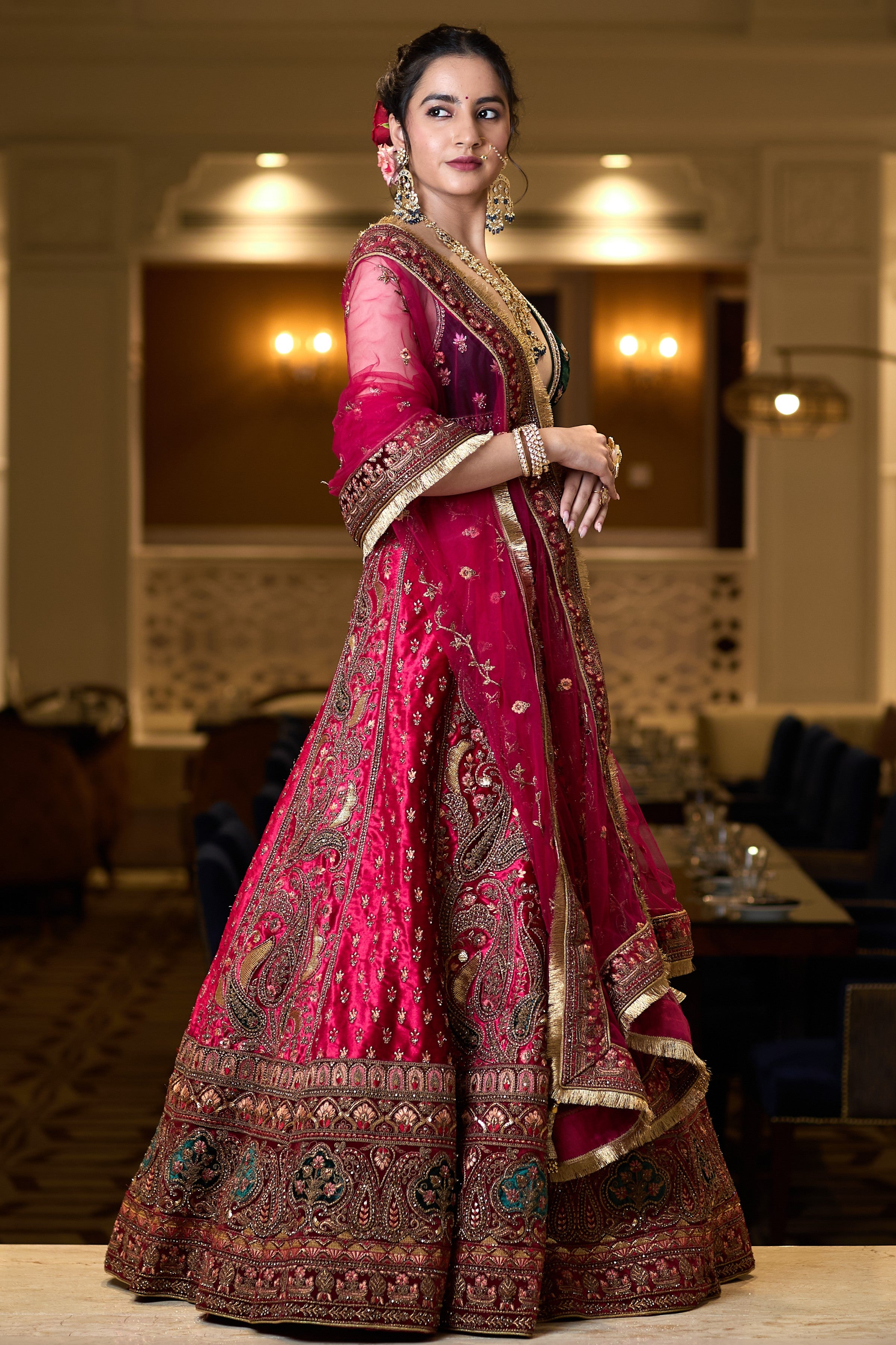 Two toned green and pink embroidered lehenga set