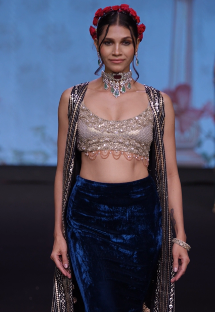 Navy blue embroidered three- piece set