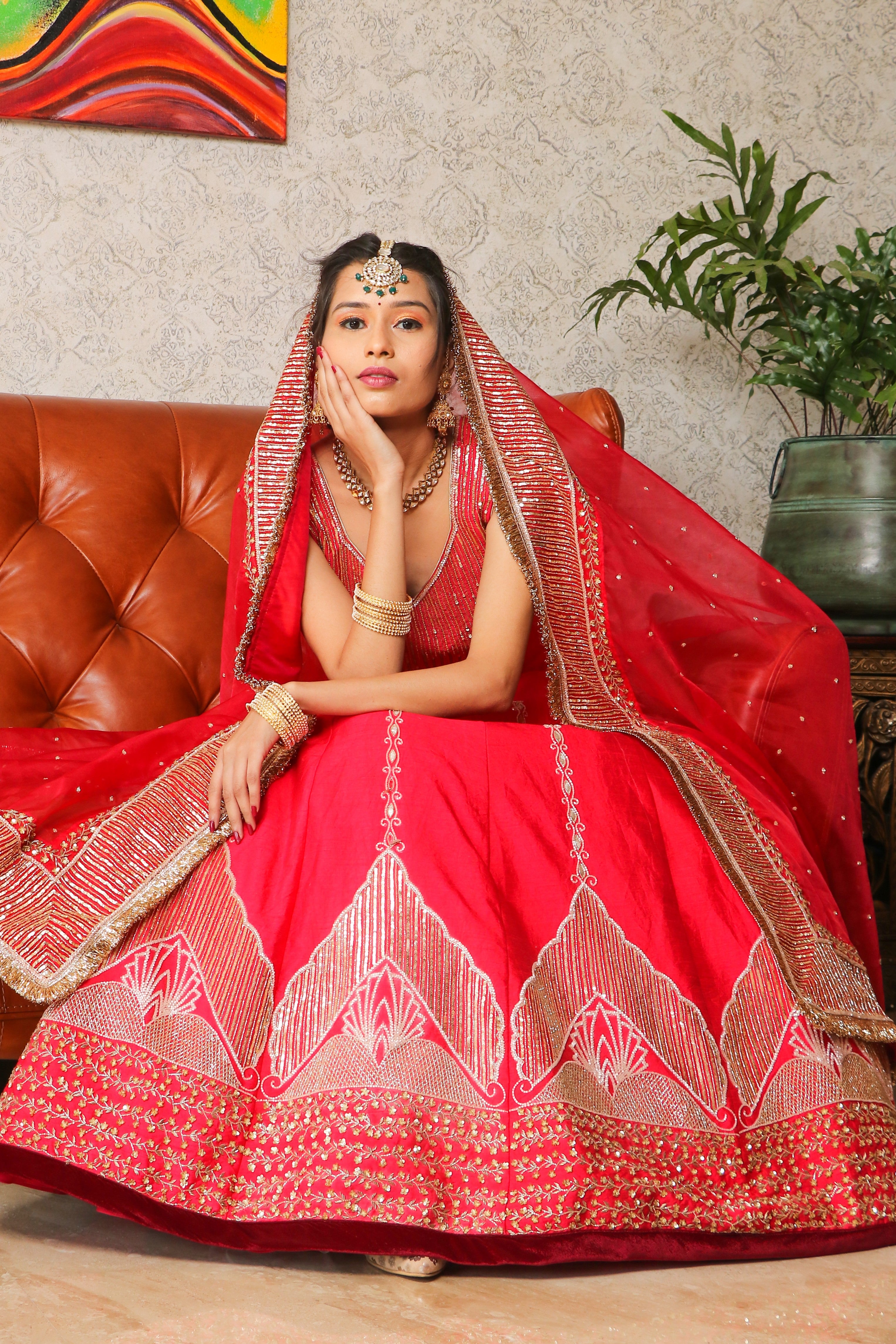 Red cutdana raw silk lehenga set
