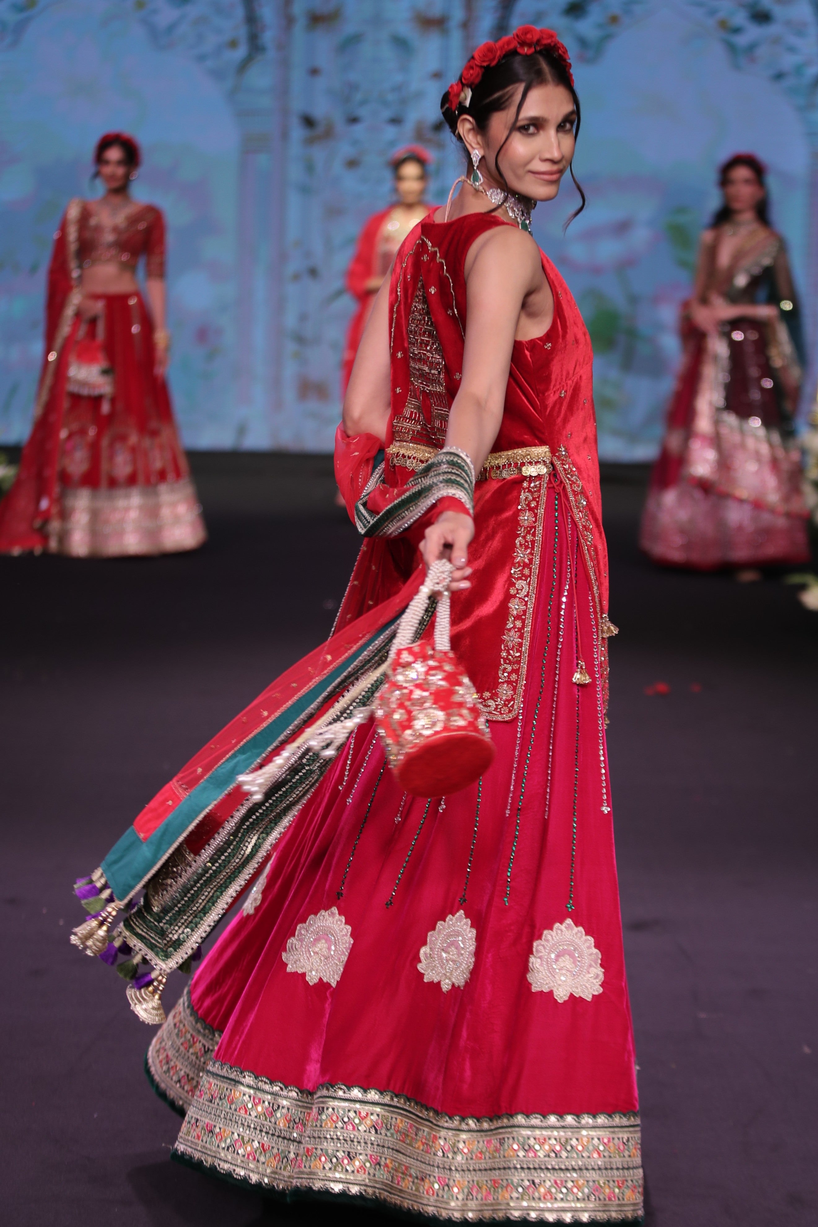 Dual tone red and pink applique work lehenga set