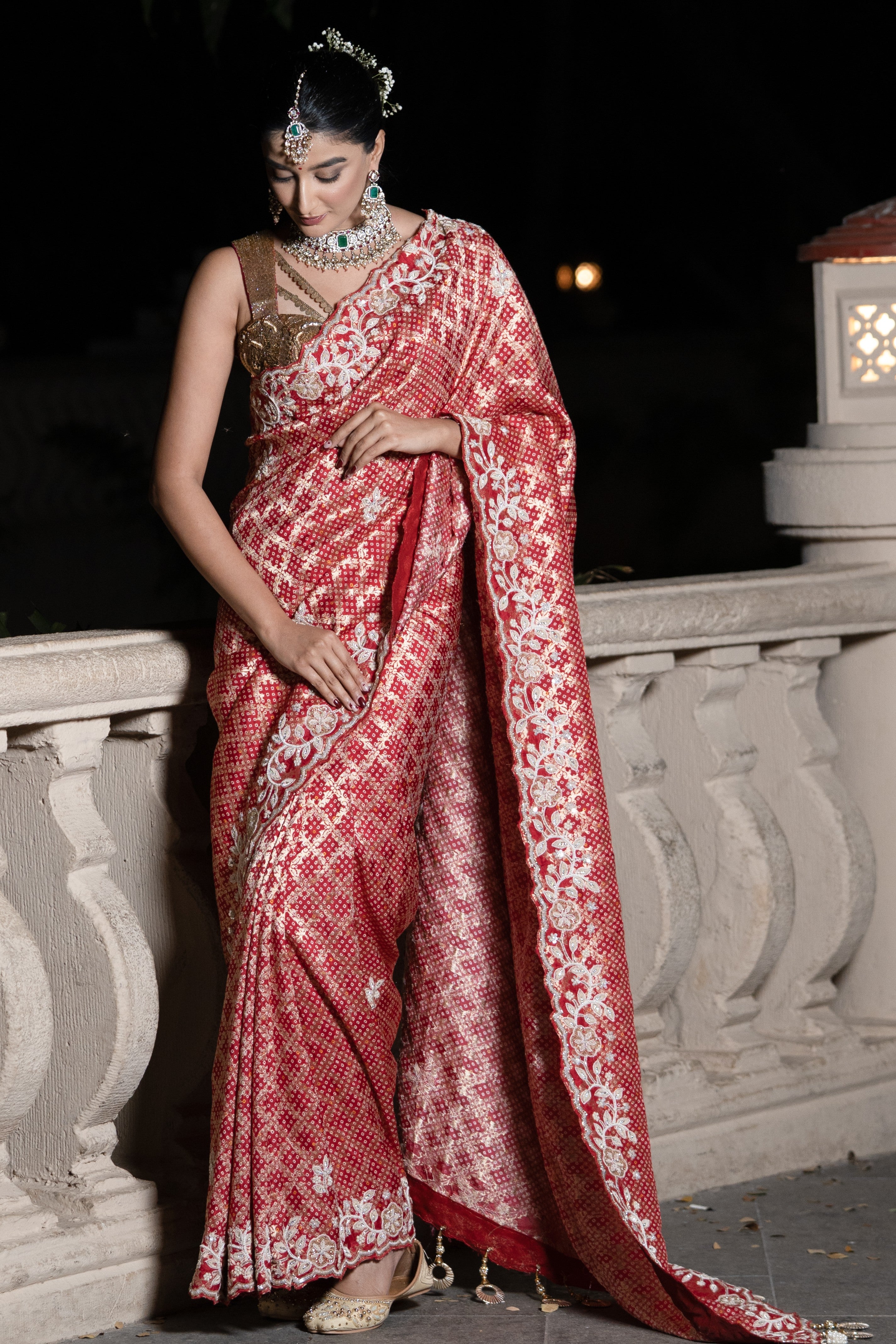Red bandhani embroidered saree