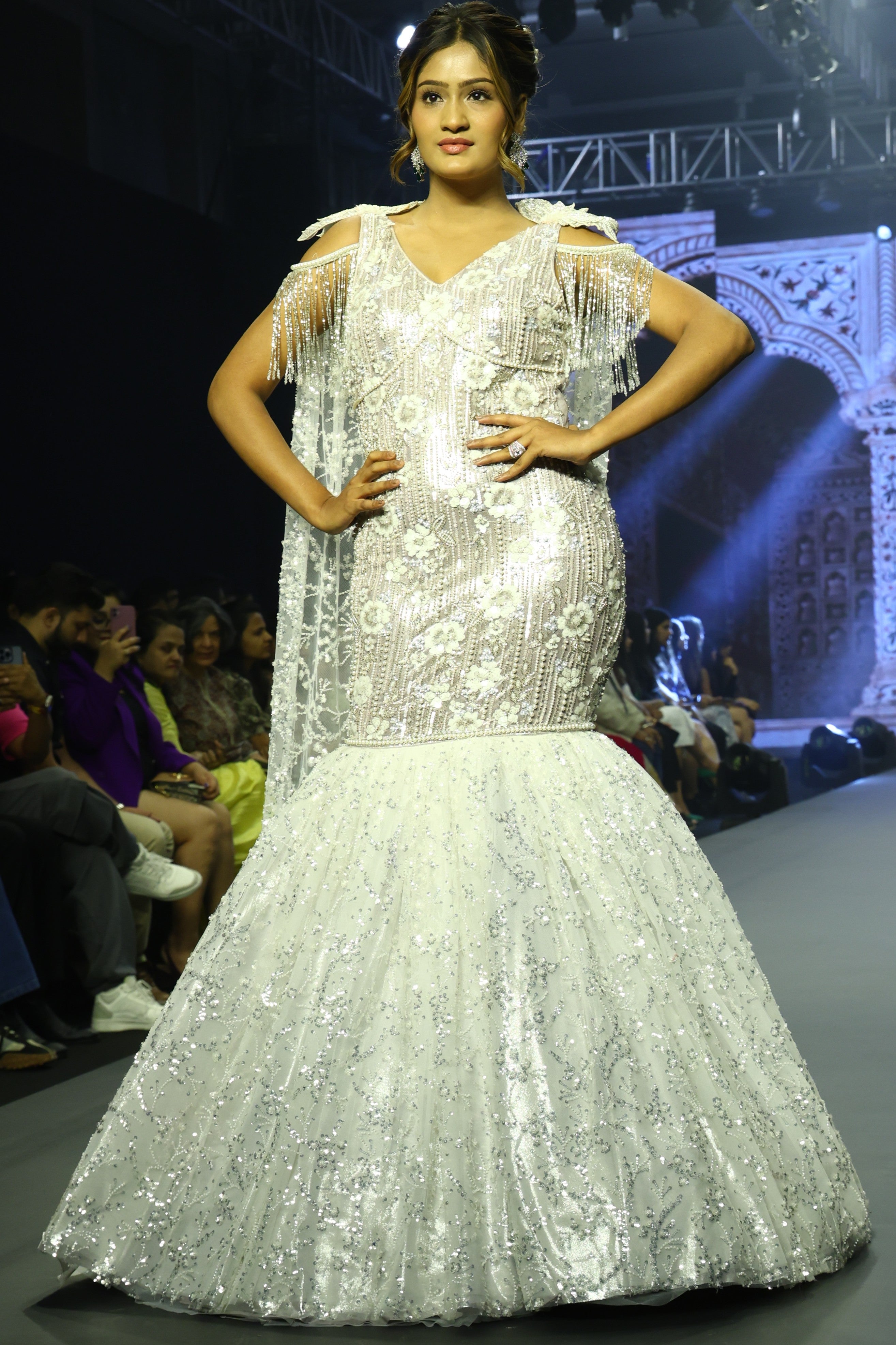 White mermaid cut gown with sequin embroidery