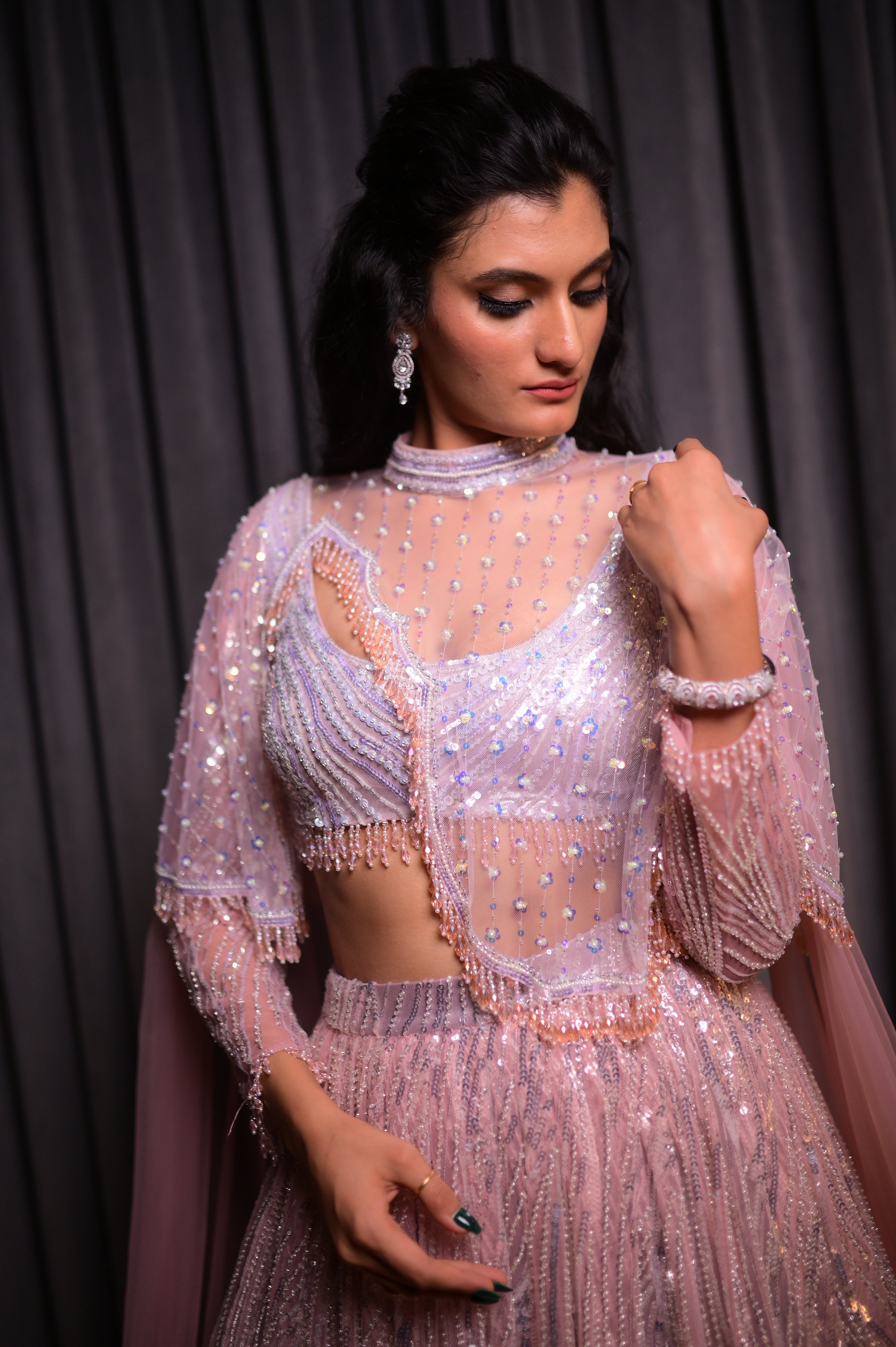 Pink sequin lehenga set with cape jacket