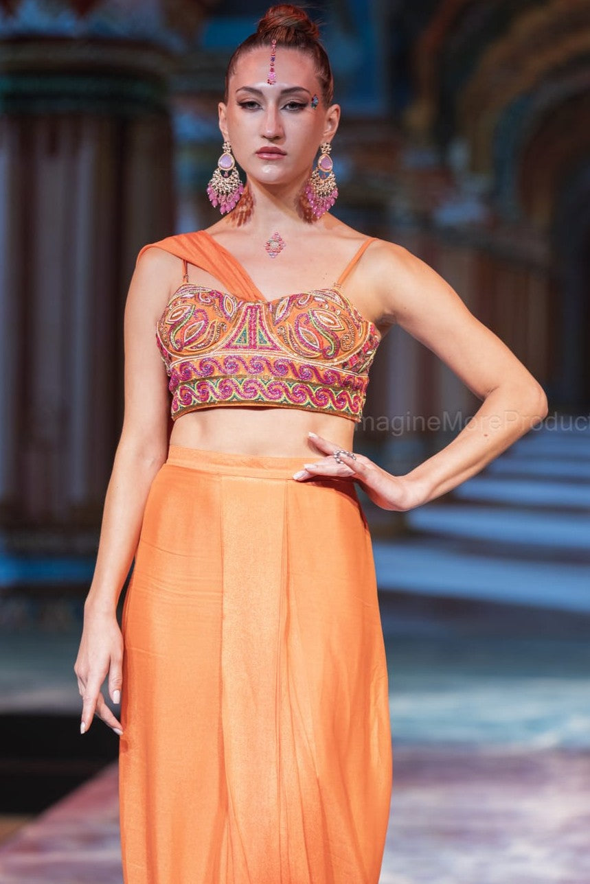 Orange embroidered drape saree