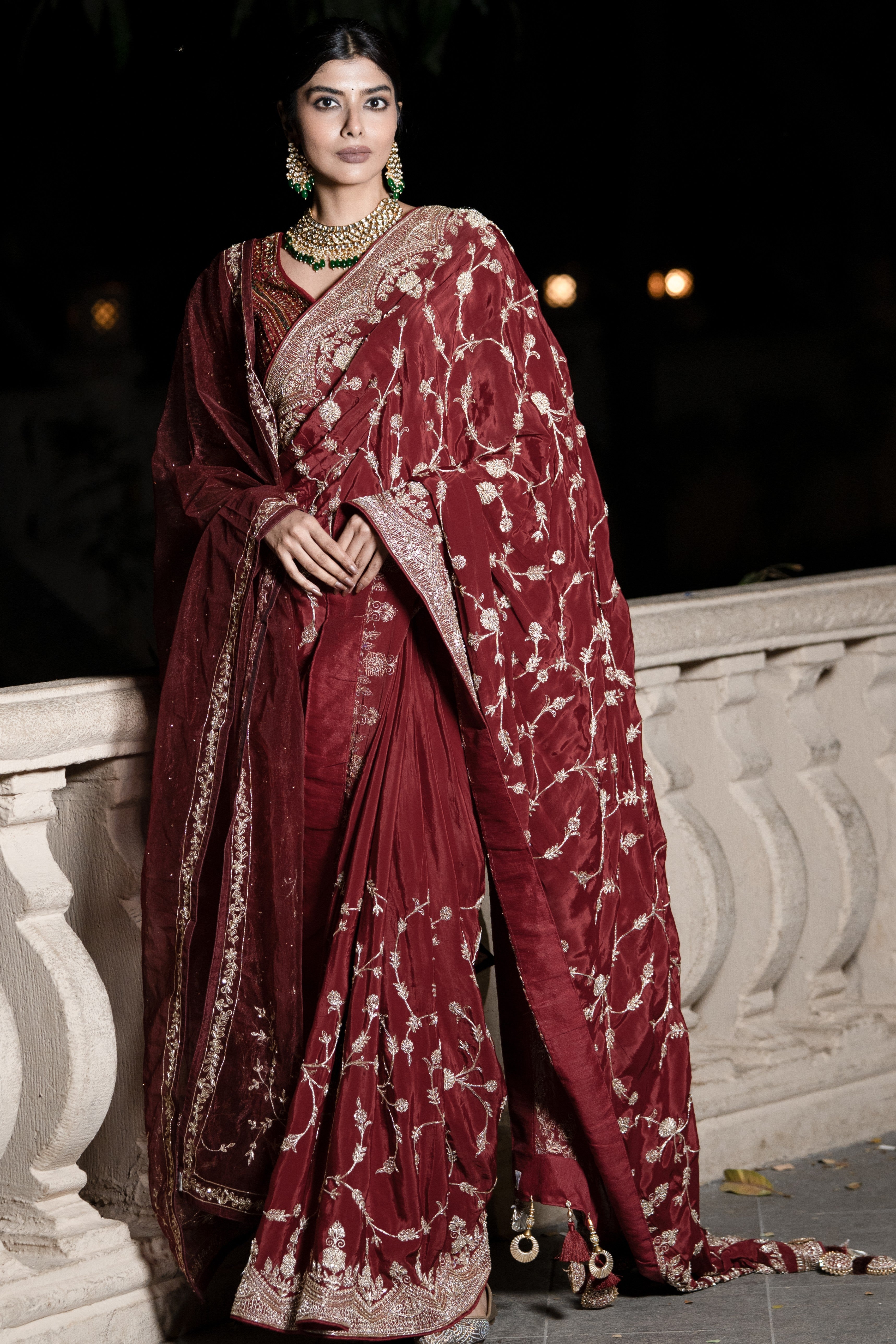 Maroon embroidered saree
