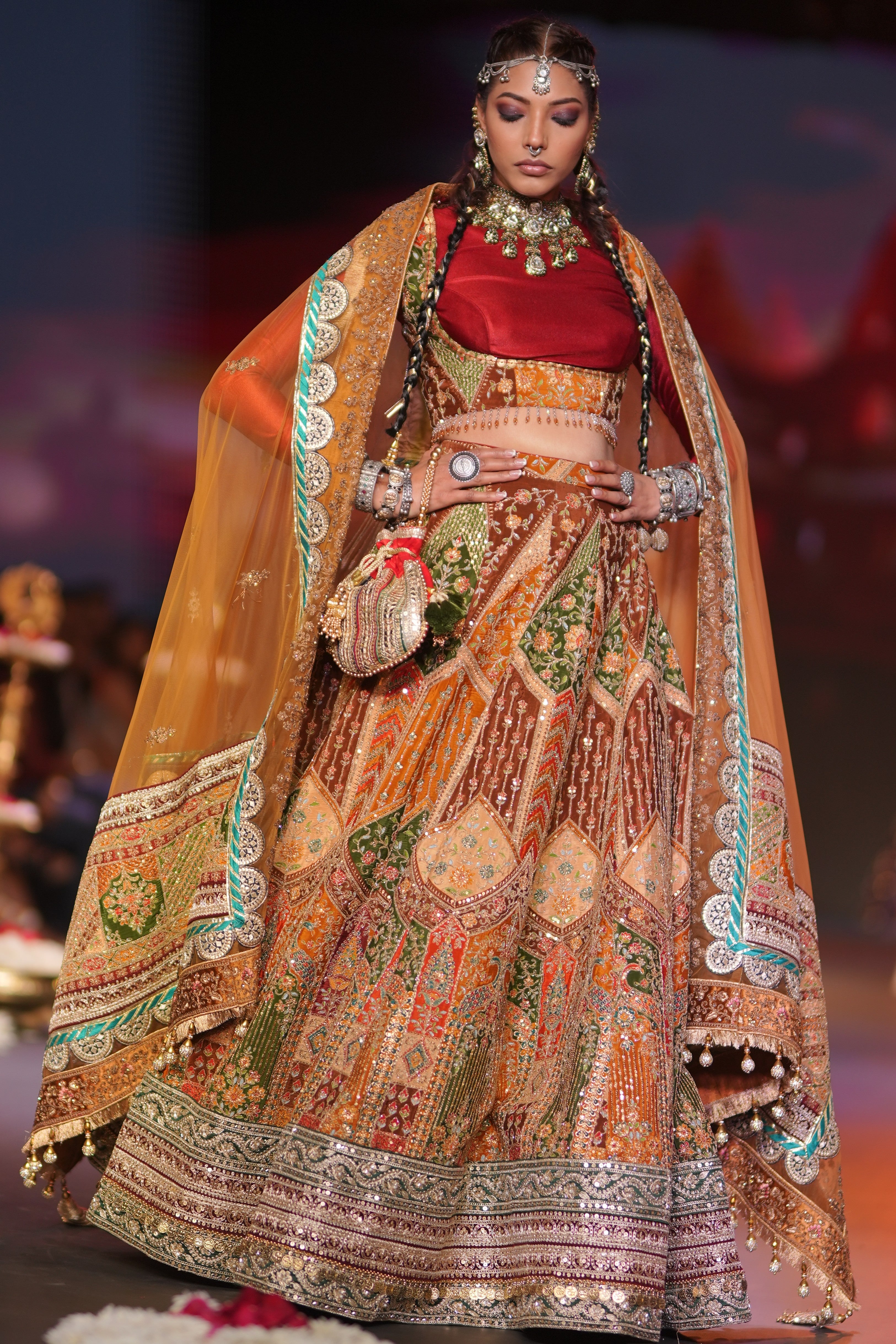 Dual tone red and multi color embroidered lehenga set