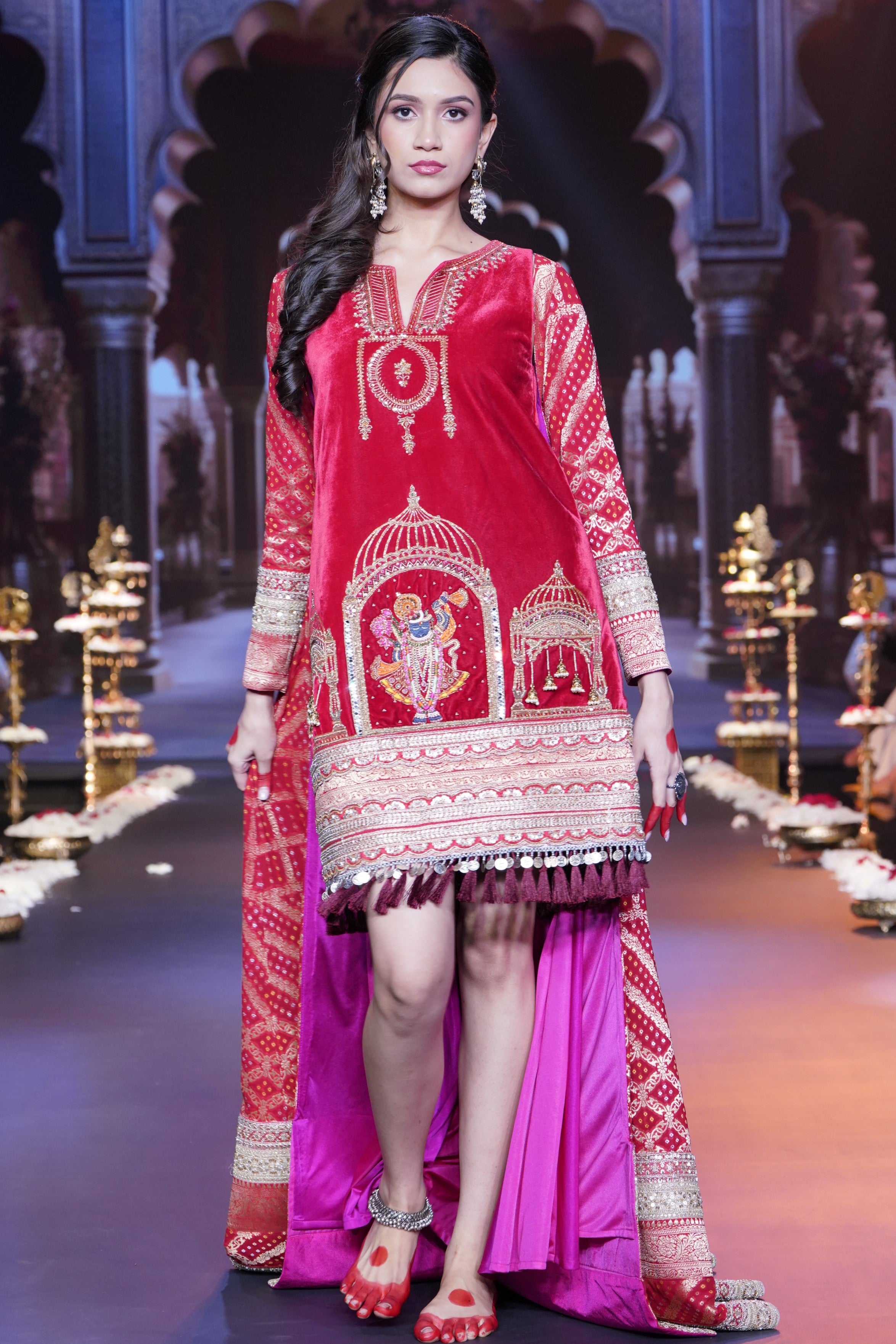 Red srinathji embroidered dress with long cape