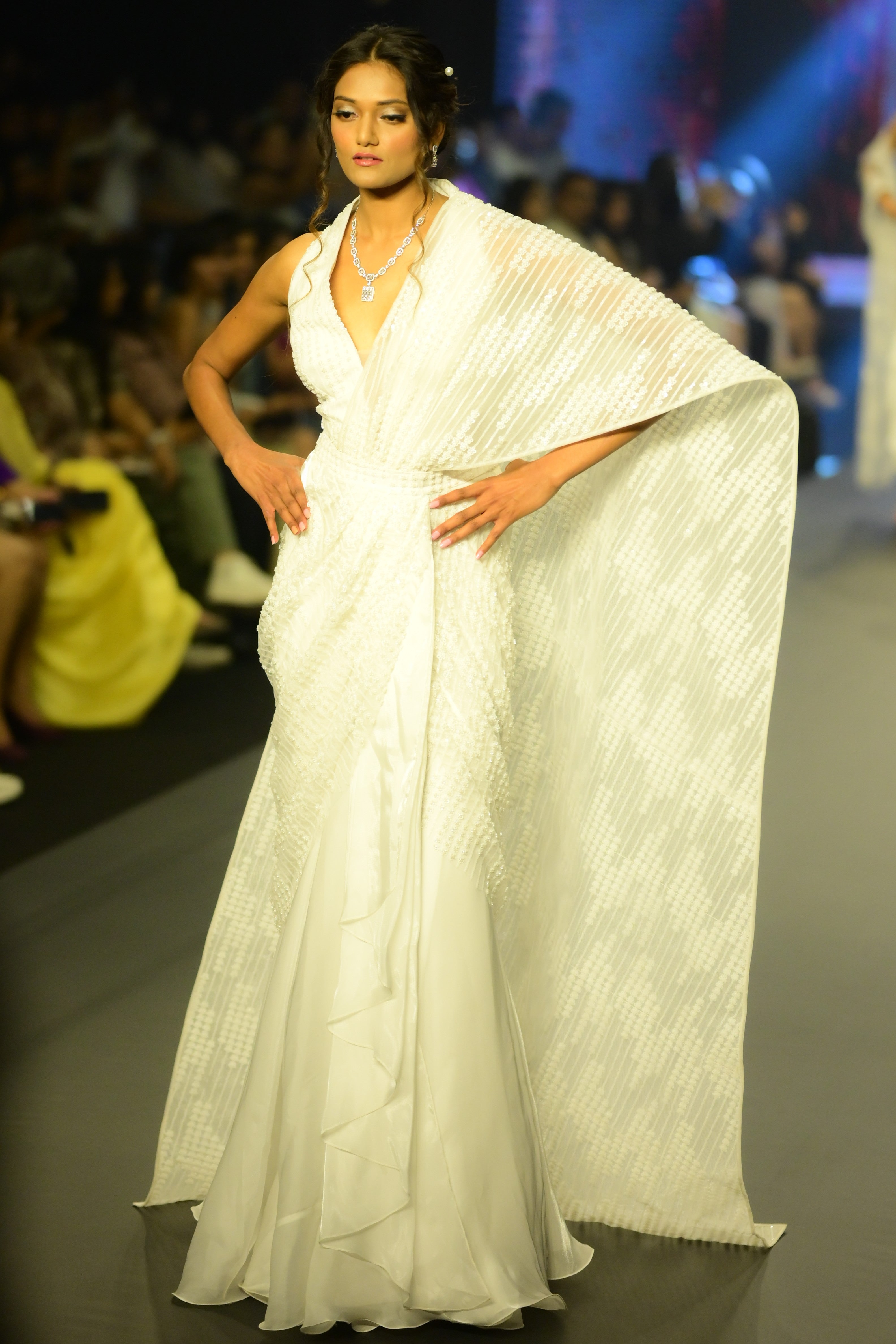 White sequin pre drape saree