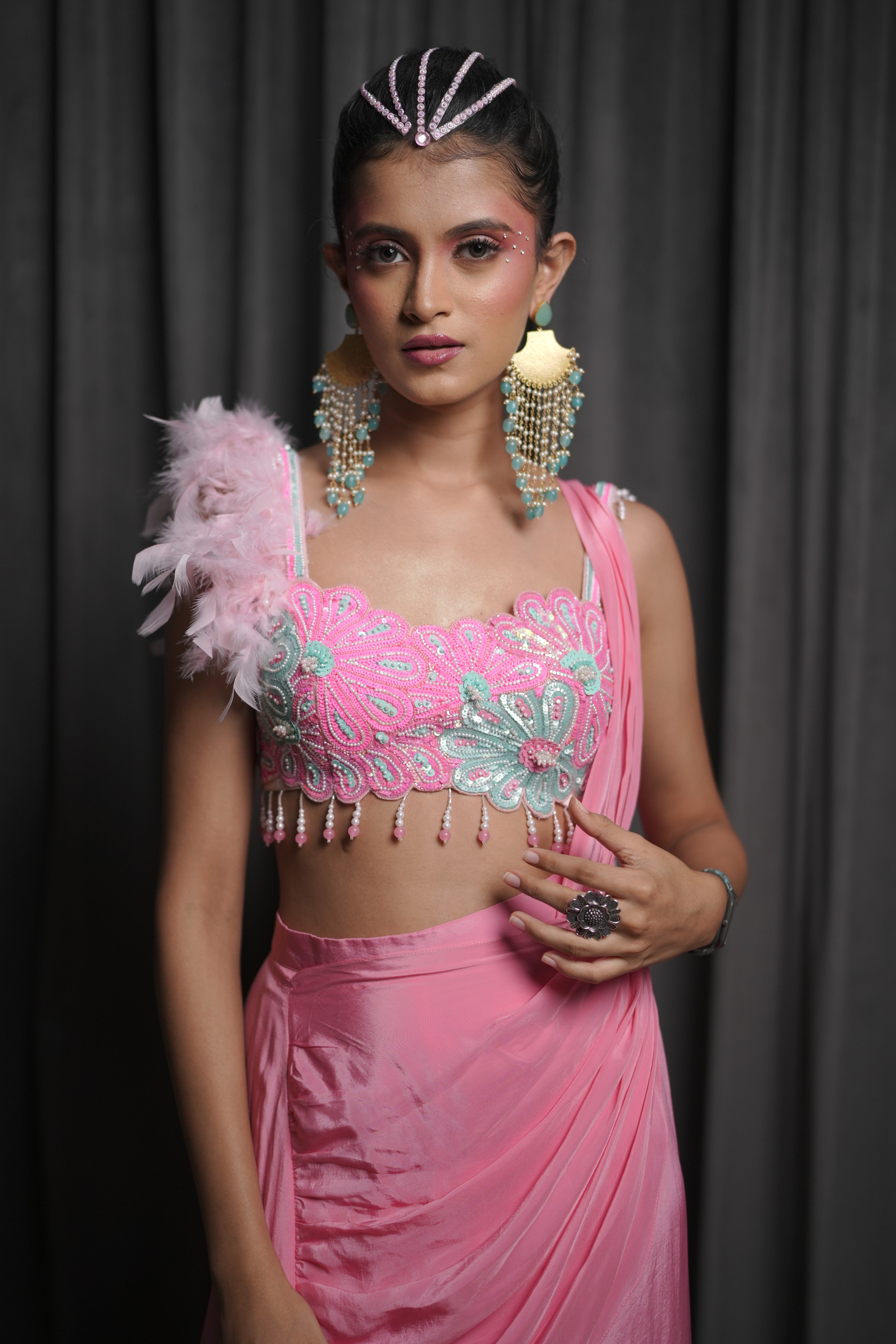 Pink embroidered pre drape saree
